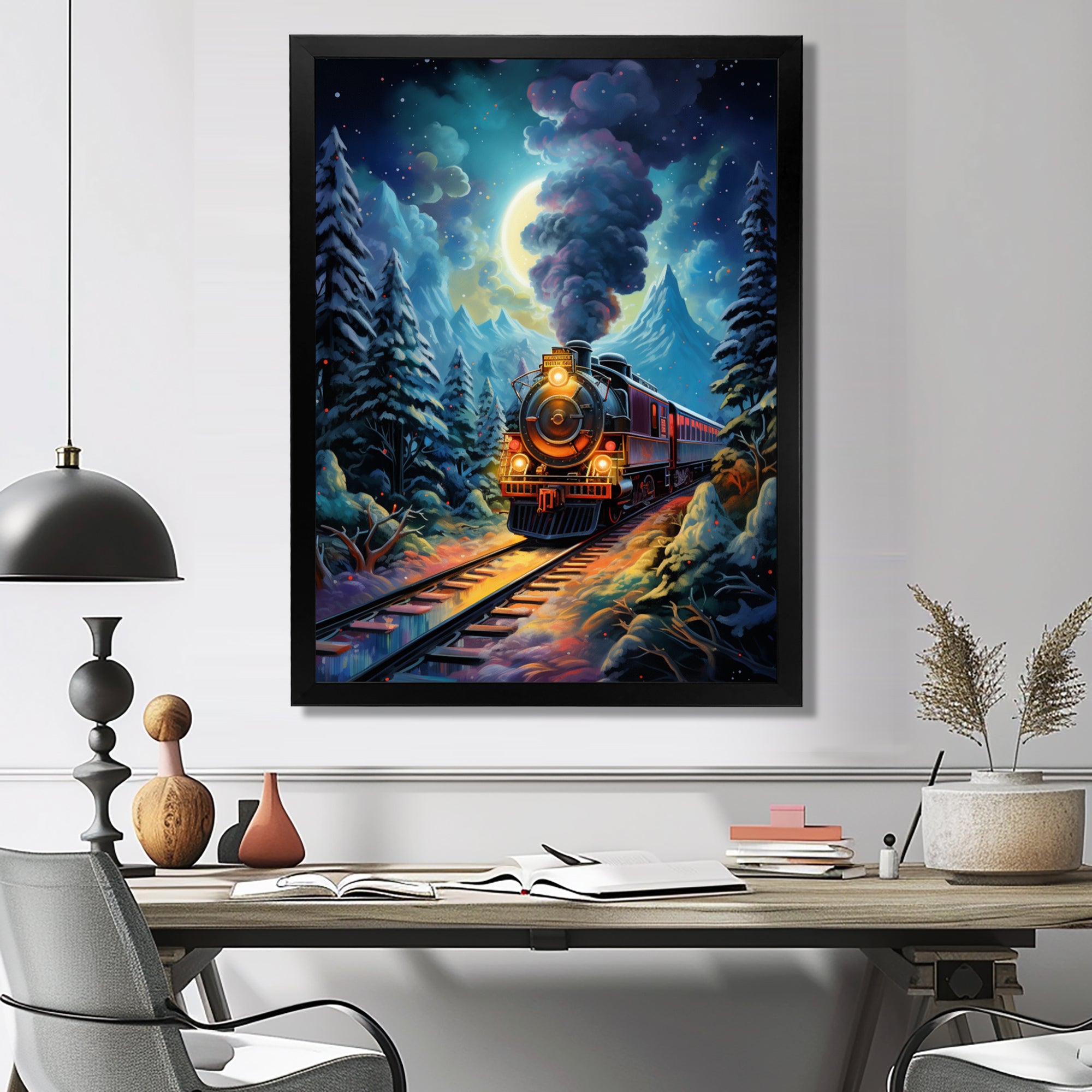 Polar Express Full Moon Mountains Steam - Train Canvas Wall Art