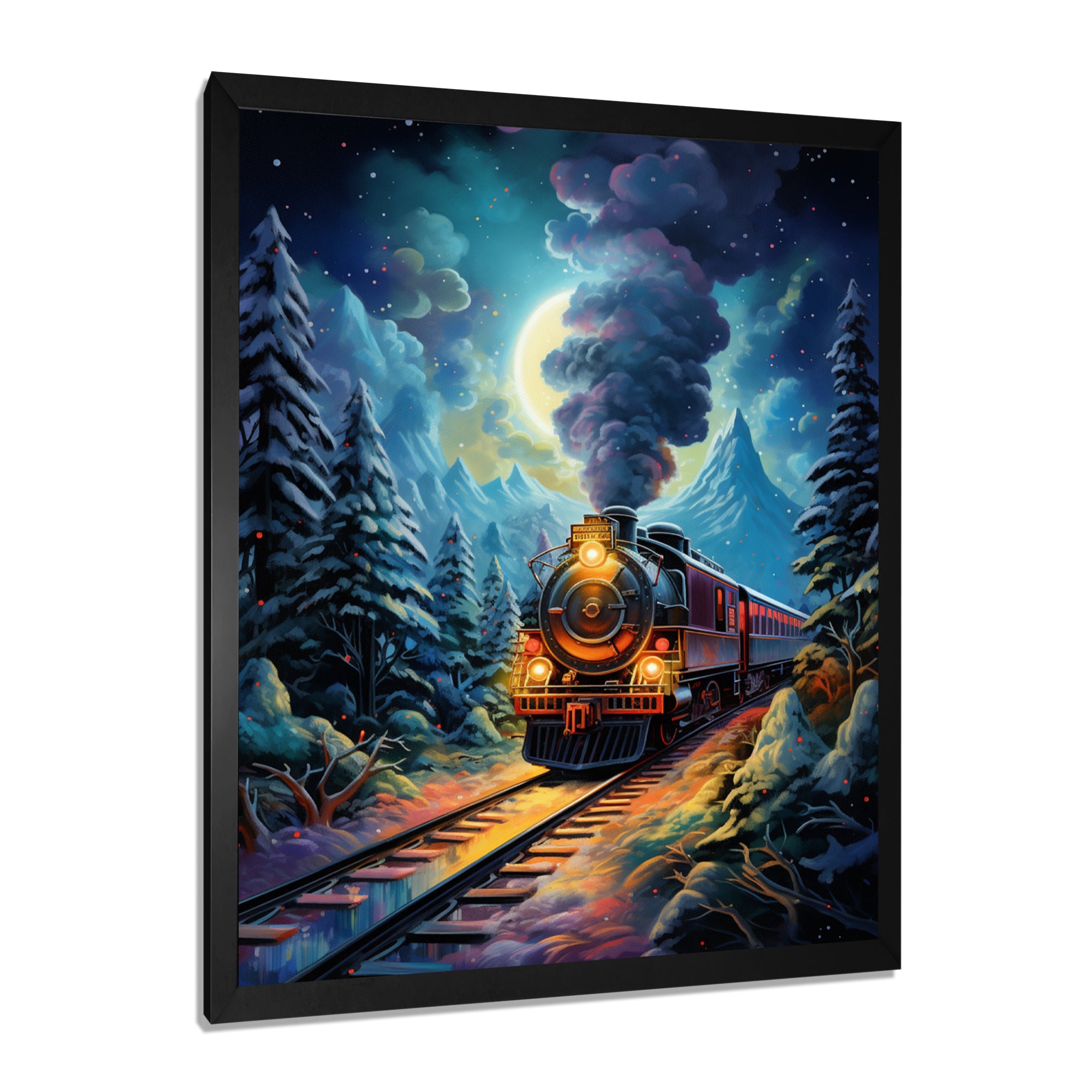 Polar Express Full Moon Mountains Steam - Train Canvas Wall Art