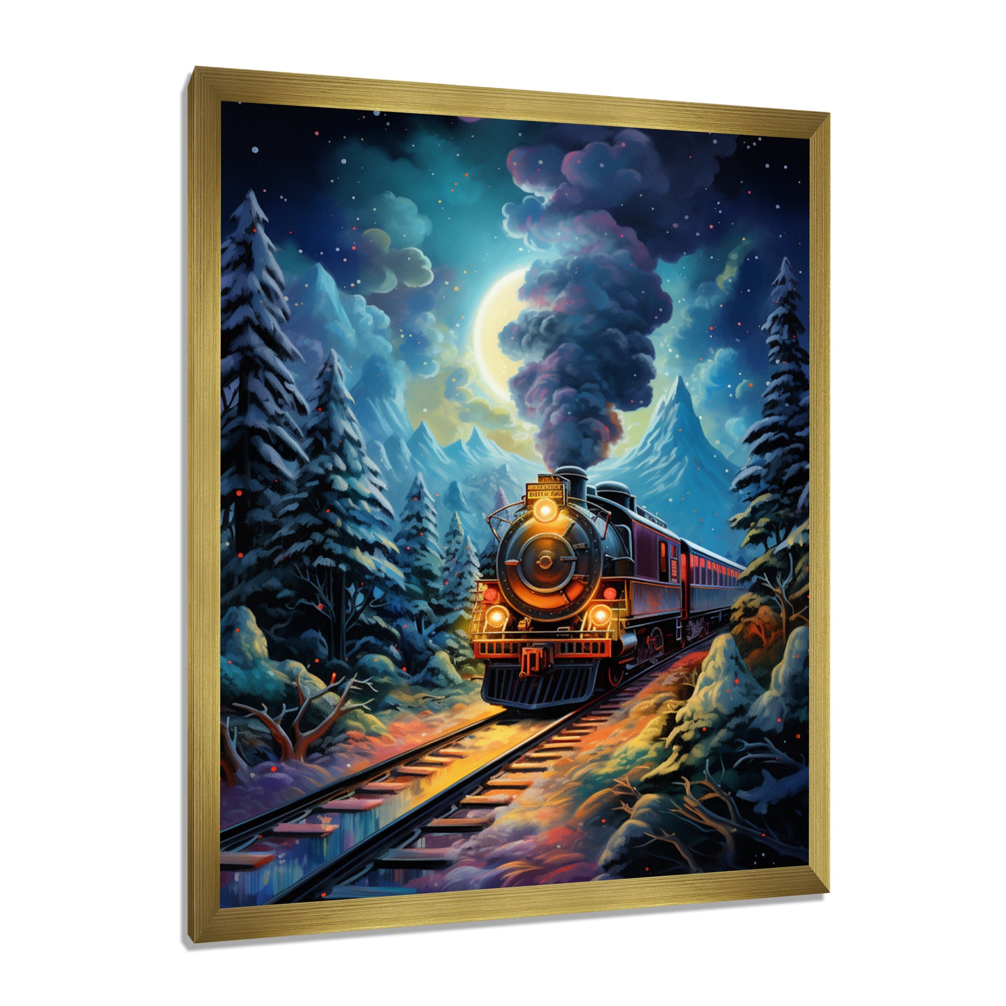 Polar Express Full Moon Mountains Steam - Train Canvas Wall Art