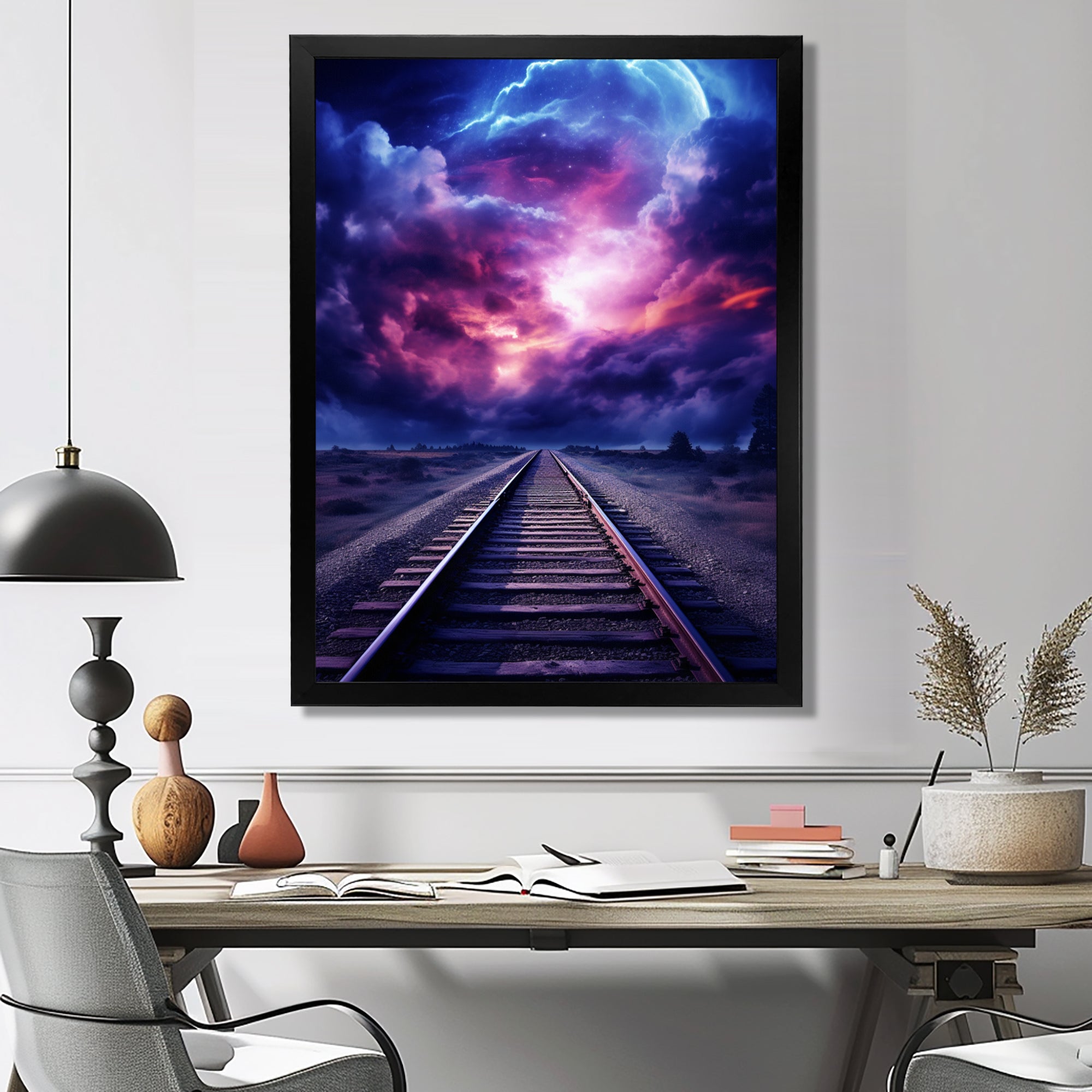 Purple Lavender Train Tracks Fuchsia Sunset Clouds I - Train Canvas Wall Art