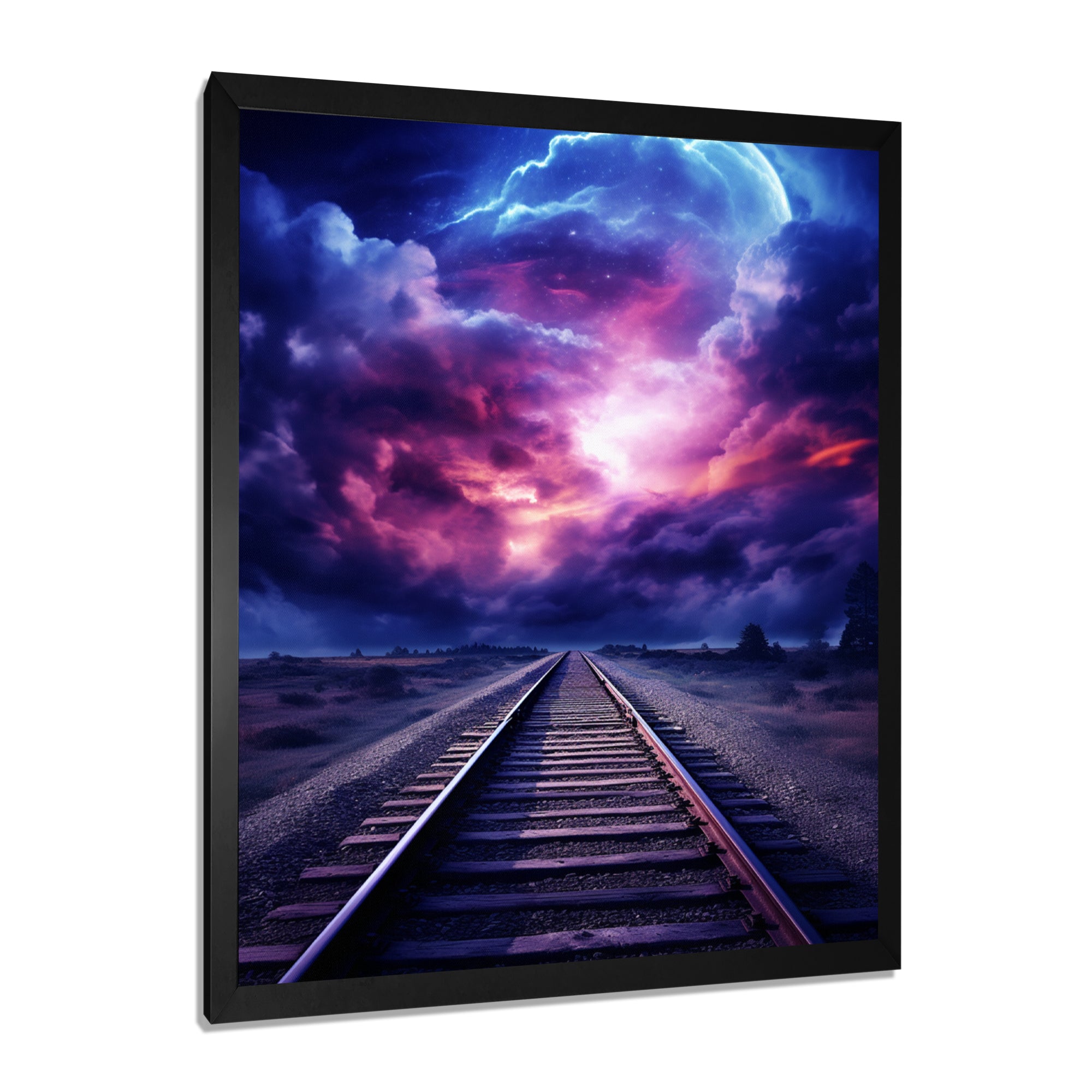 Purple Lavender Train Tracks Fuchsia Sunset Clouds I - Train Canvas Wall Art