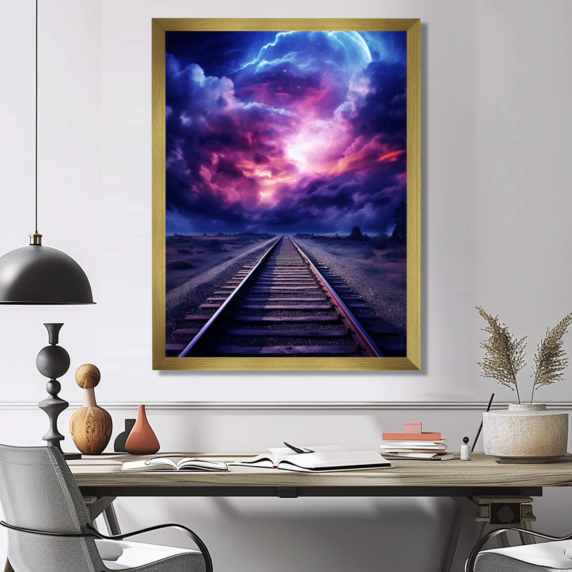 Purple Lavender Train Tracks Fuchsia Sunset Clouds I - Train Canvas Wall Art