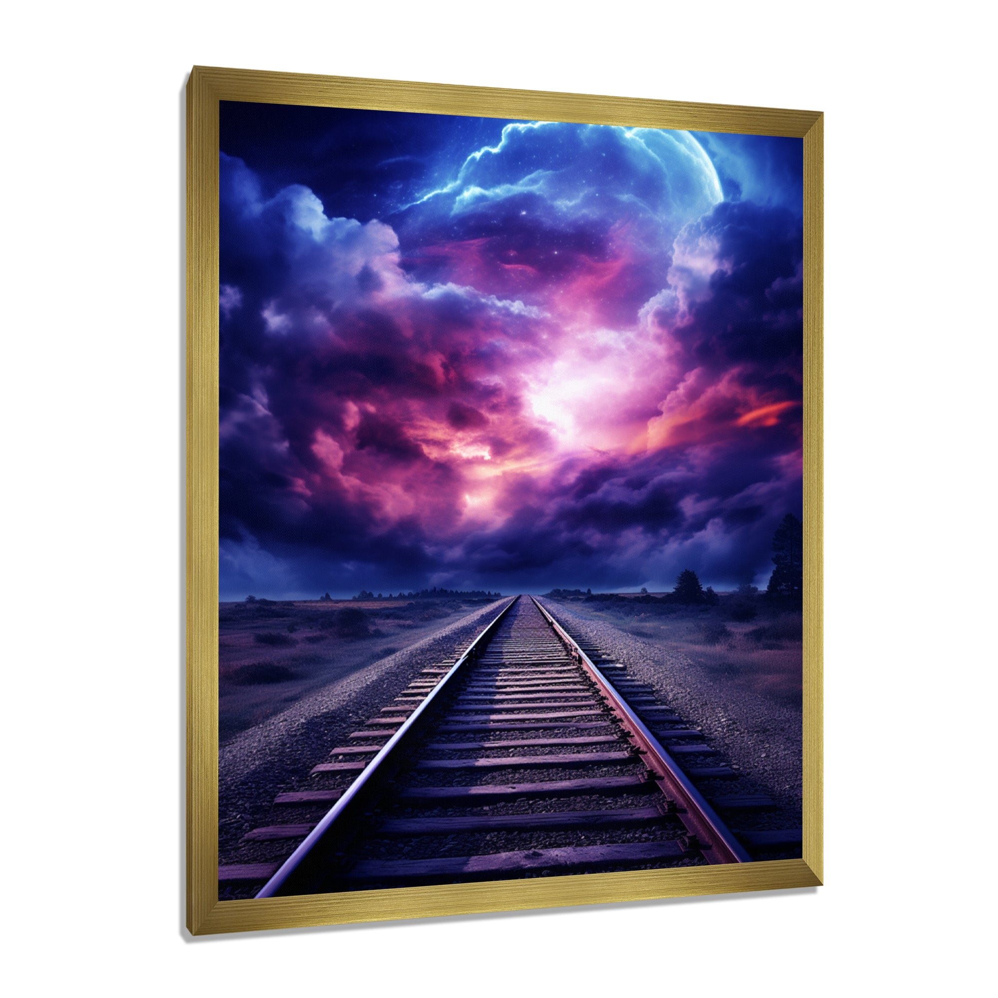 Purple Lavender Train Tracks Fuchsia Sunset Clouds I - Train Canvas Wall Art