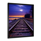 Purple Train Tracks To The Full Moon - Train Canvas Wall Art