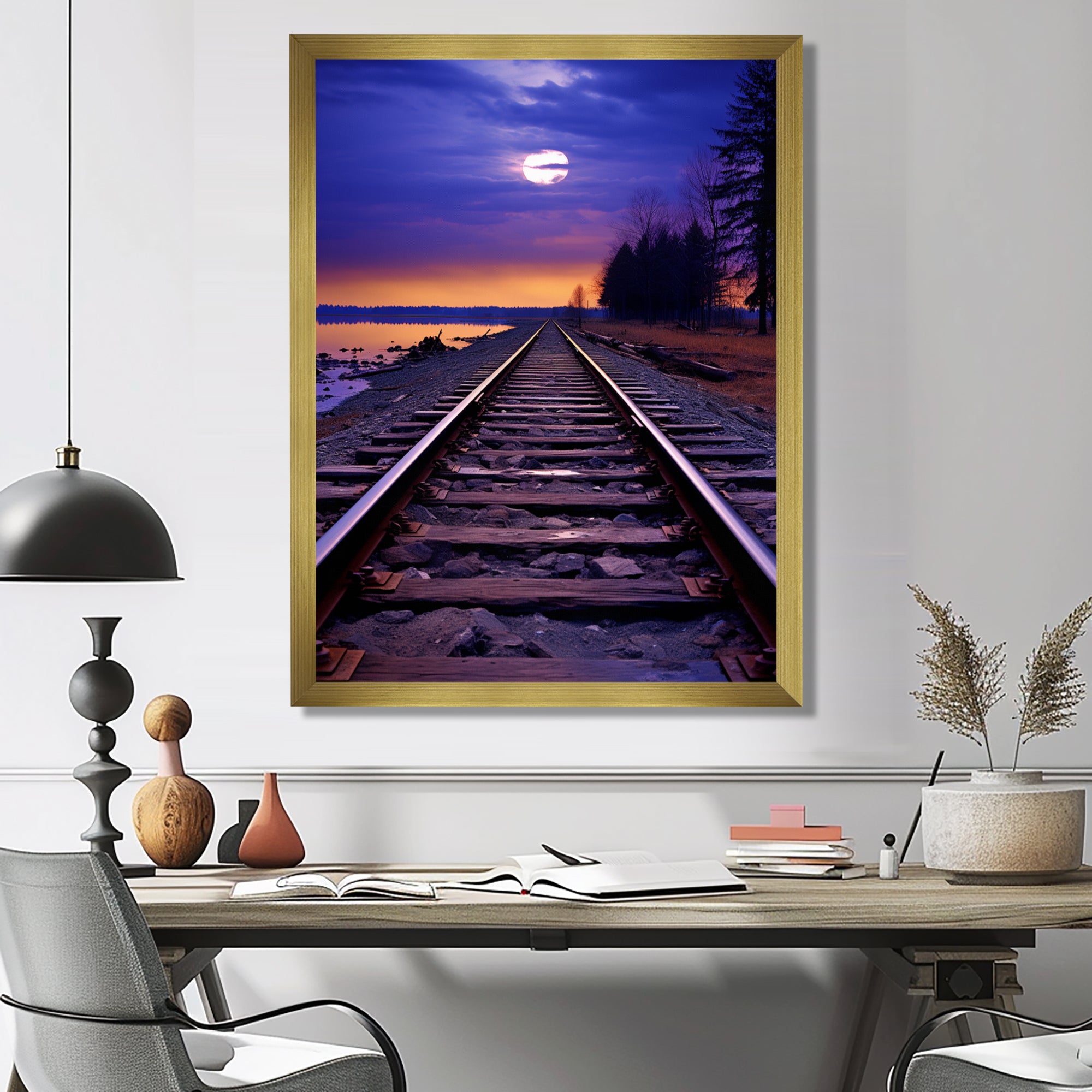 Purple Train Tracks To The Full Moon - Train Canvas Wall Art