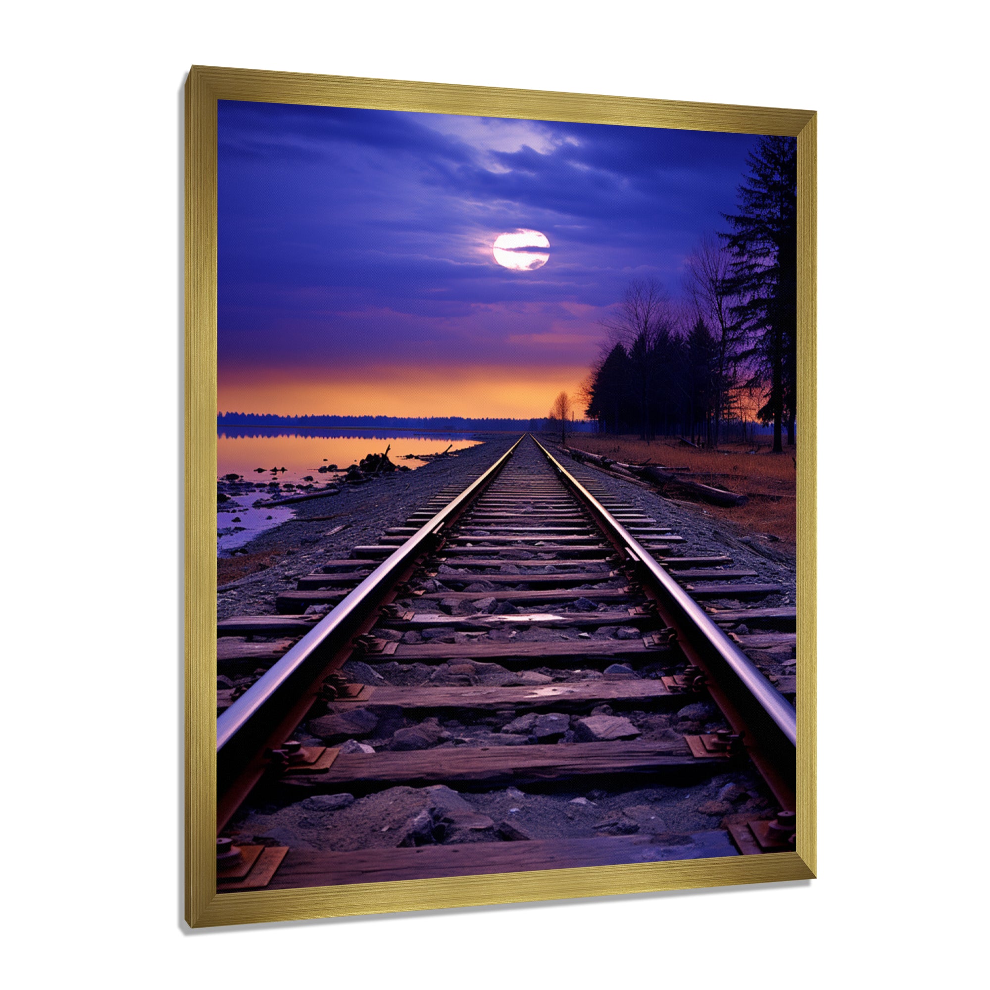 Purple Train Tracks To The Full Moon - Train Canvas Wall Art
