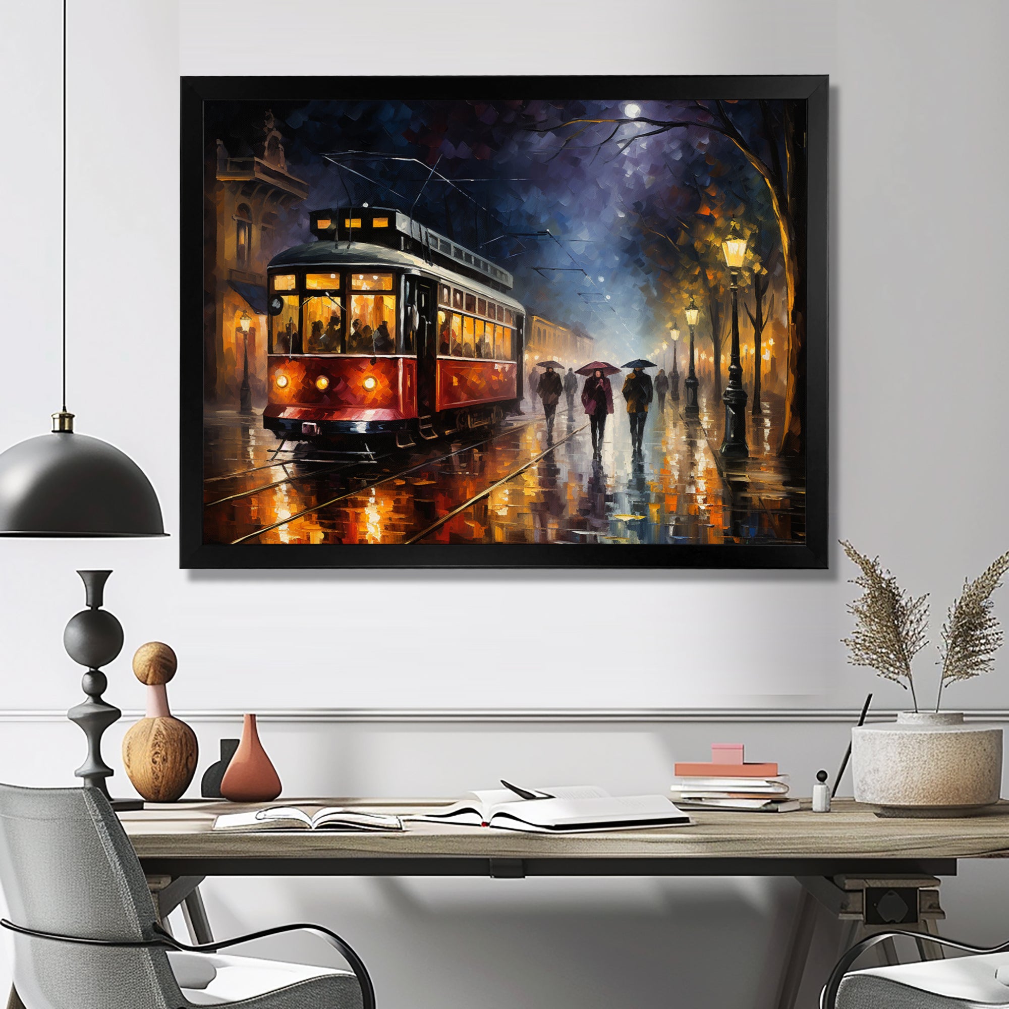 Vintage Tram Rainy Evening Paris - Train Canvas Wall Art