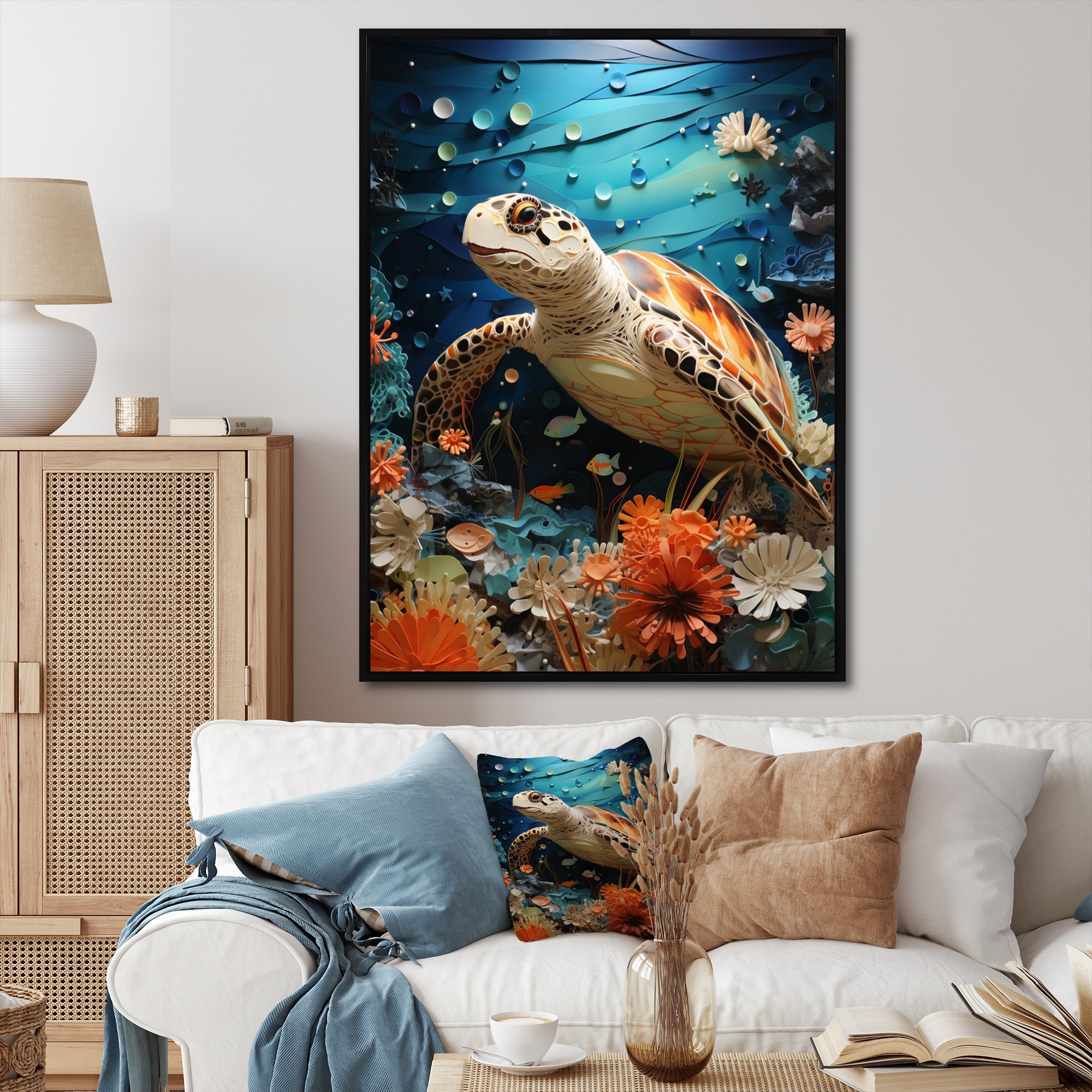 Turtle Coastal Creatures Pointillism - Turtle Canvas Wall Art