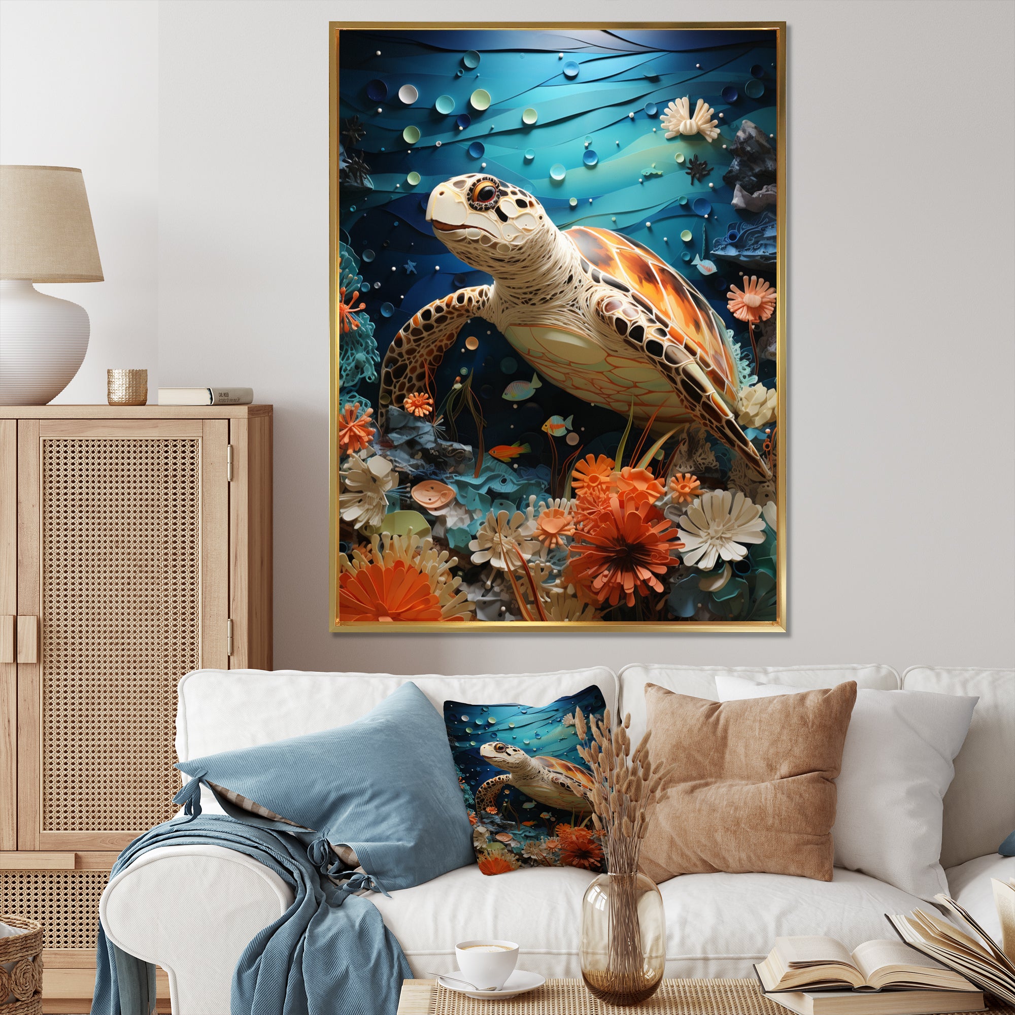 Turtle Coastal Creatures Pointillism - Turtle Canvas Wall Art