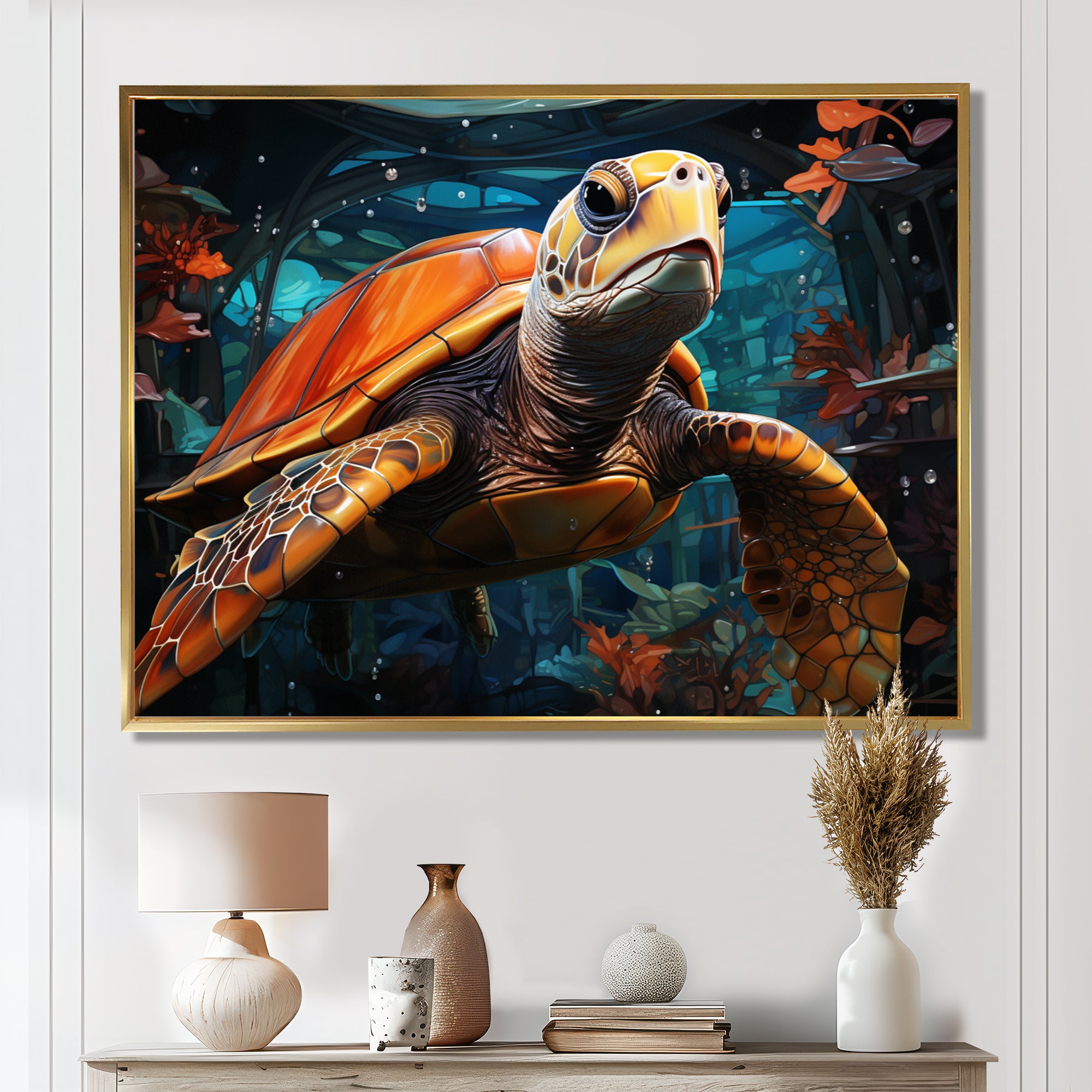 Turtle Journey Floral Geometric - Brown Turtle Wall Art