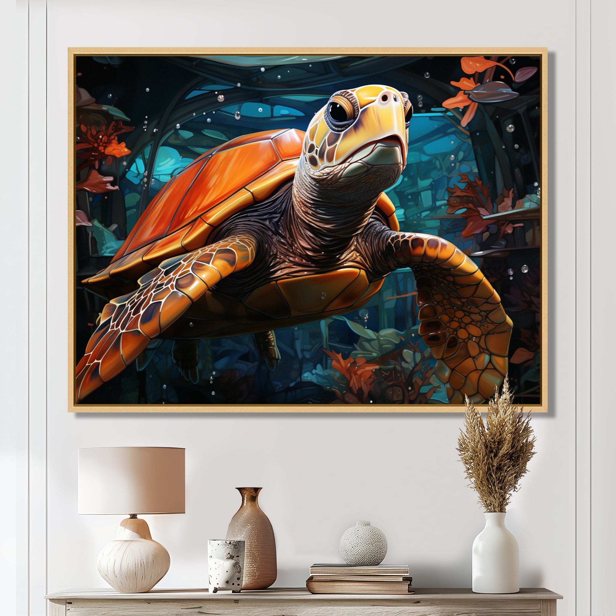 Turtle Journey Floral Geometric - Brown Turtle Wall Art