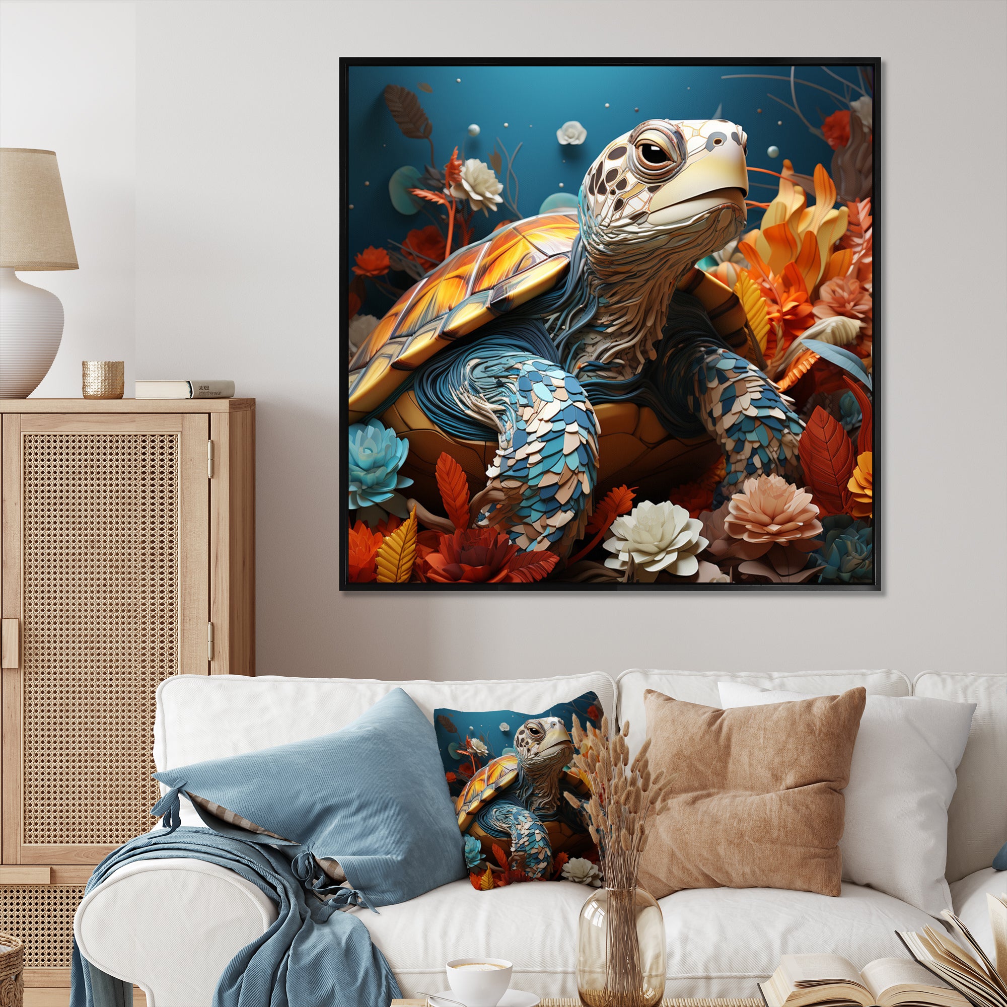 Turtle Journey Coral Geometric - Turtle Framed Canvas Art