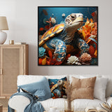 Turtle Journey Coral Geometric - Turtle Framed Canvas Art
