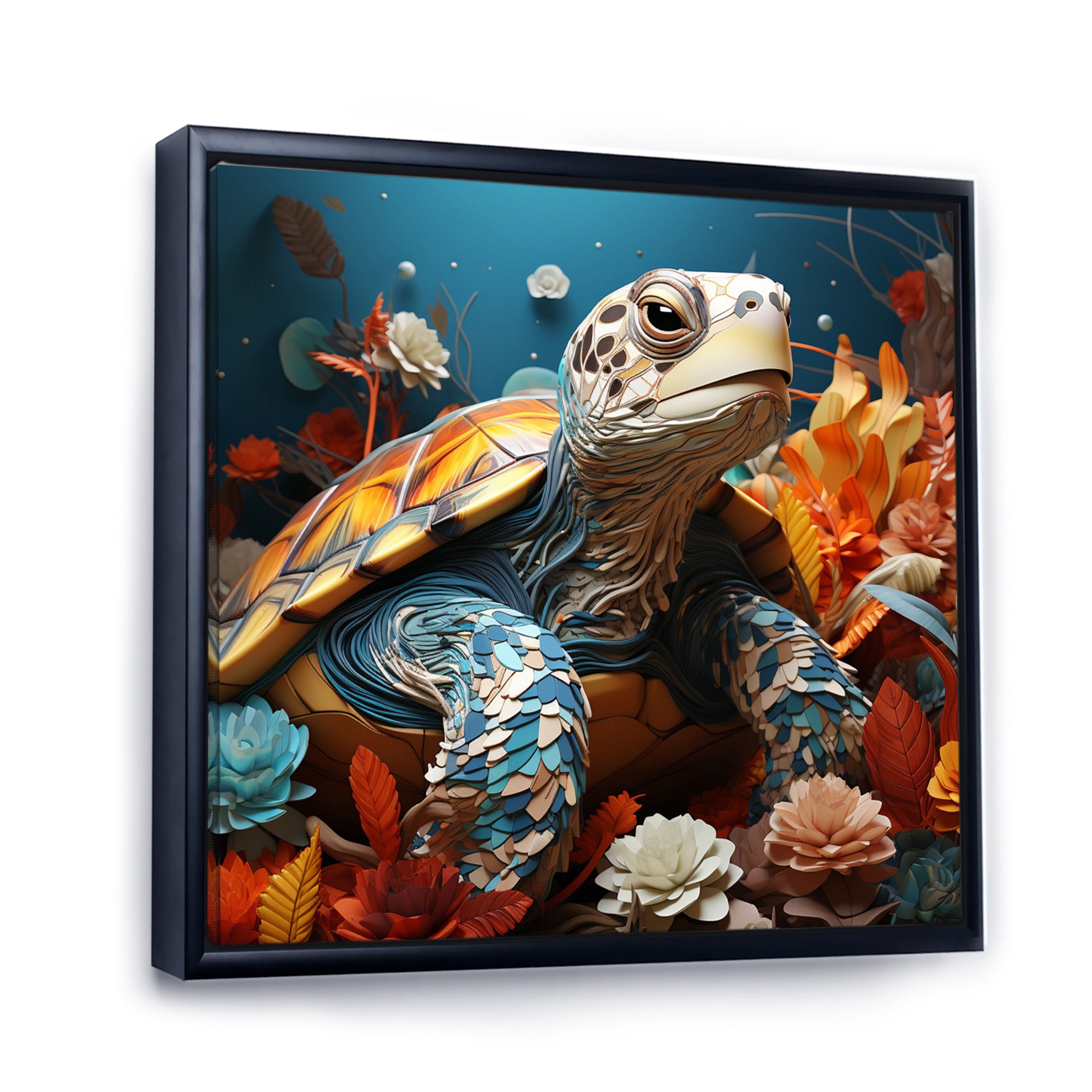 Turtle Journey Coral Geometric - Turtle Framed Canvas Art