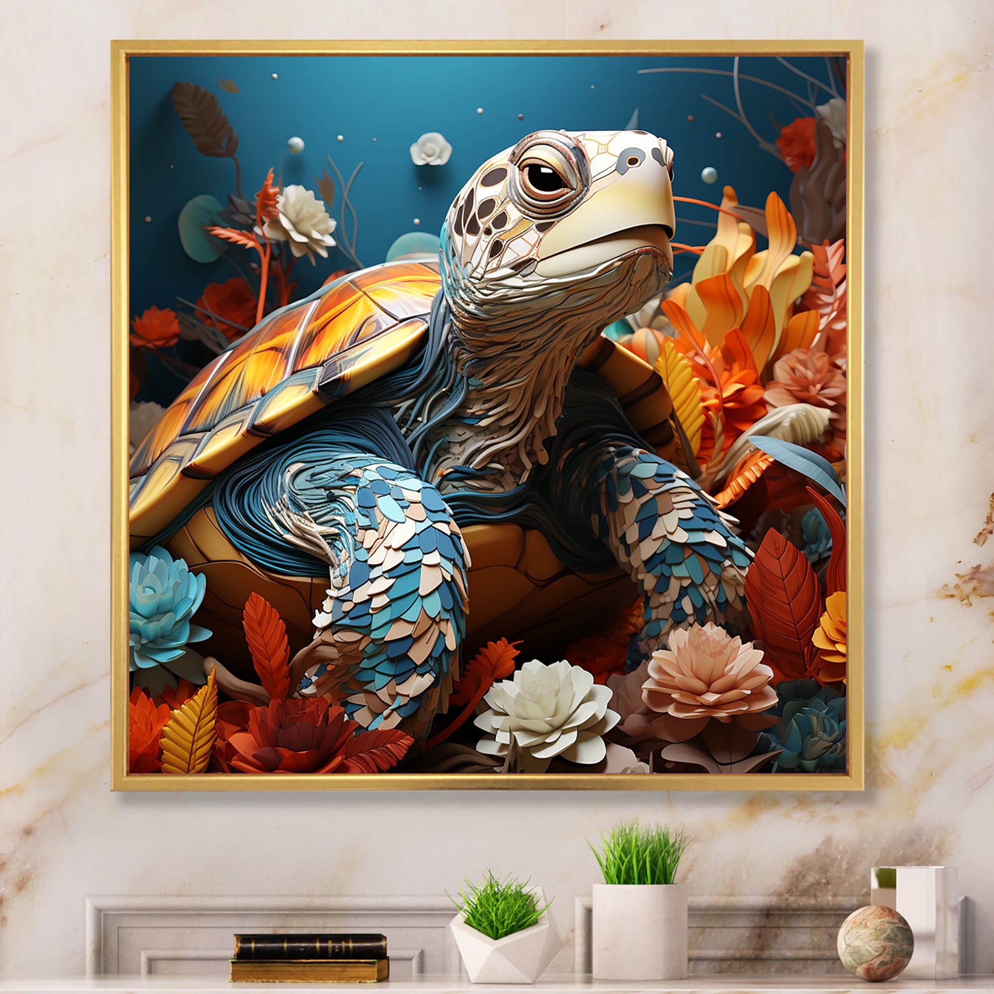 Turtle Journey Coral Geometric - Turtle Framed Canvas Art