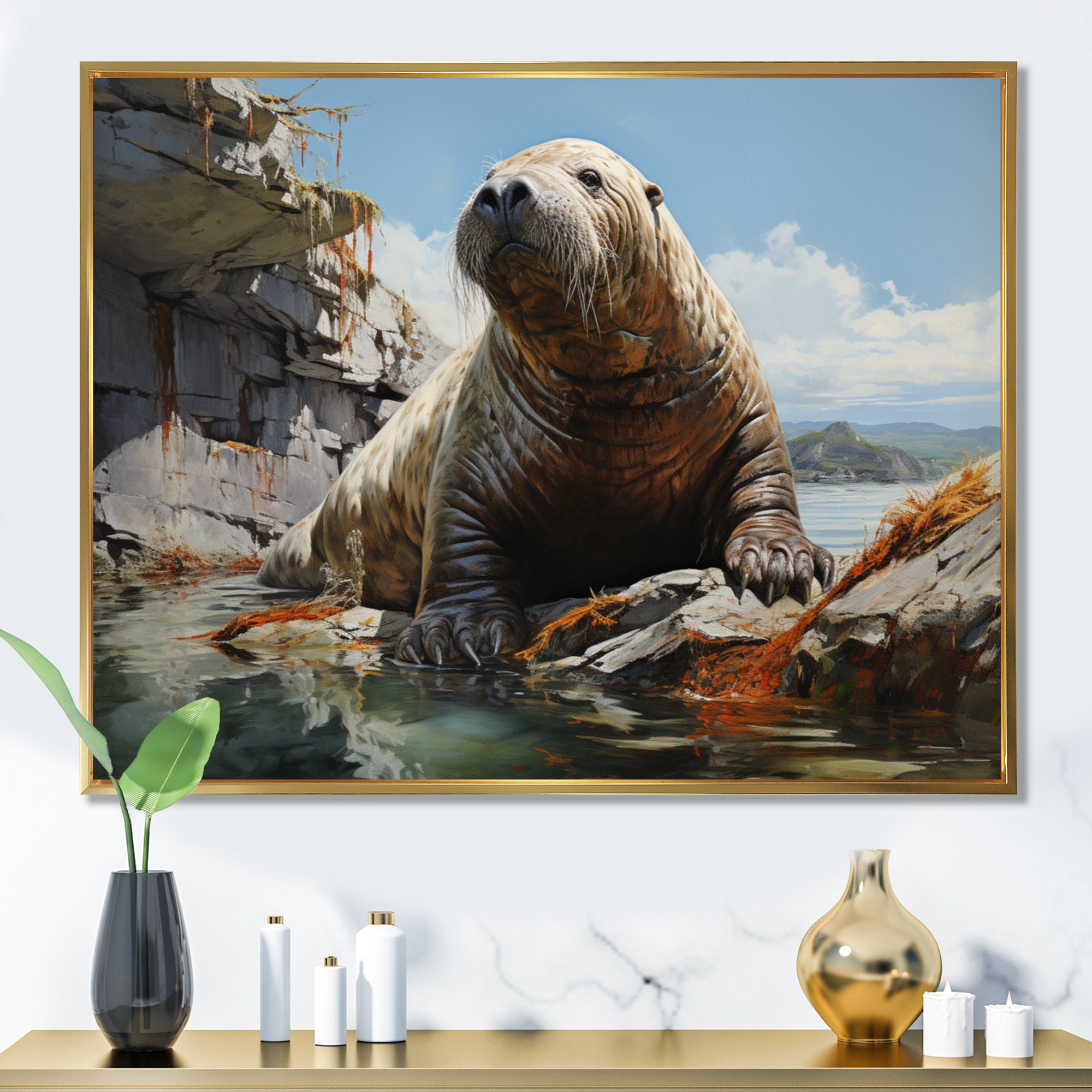 Walrus Rustic Charm - Walrus Large Canvas Wall Art