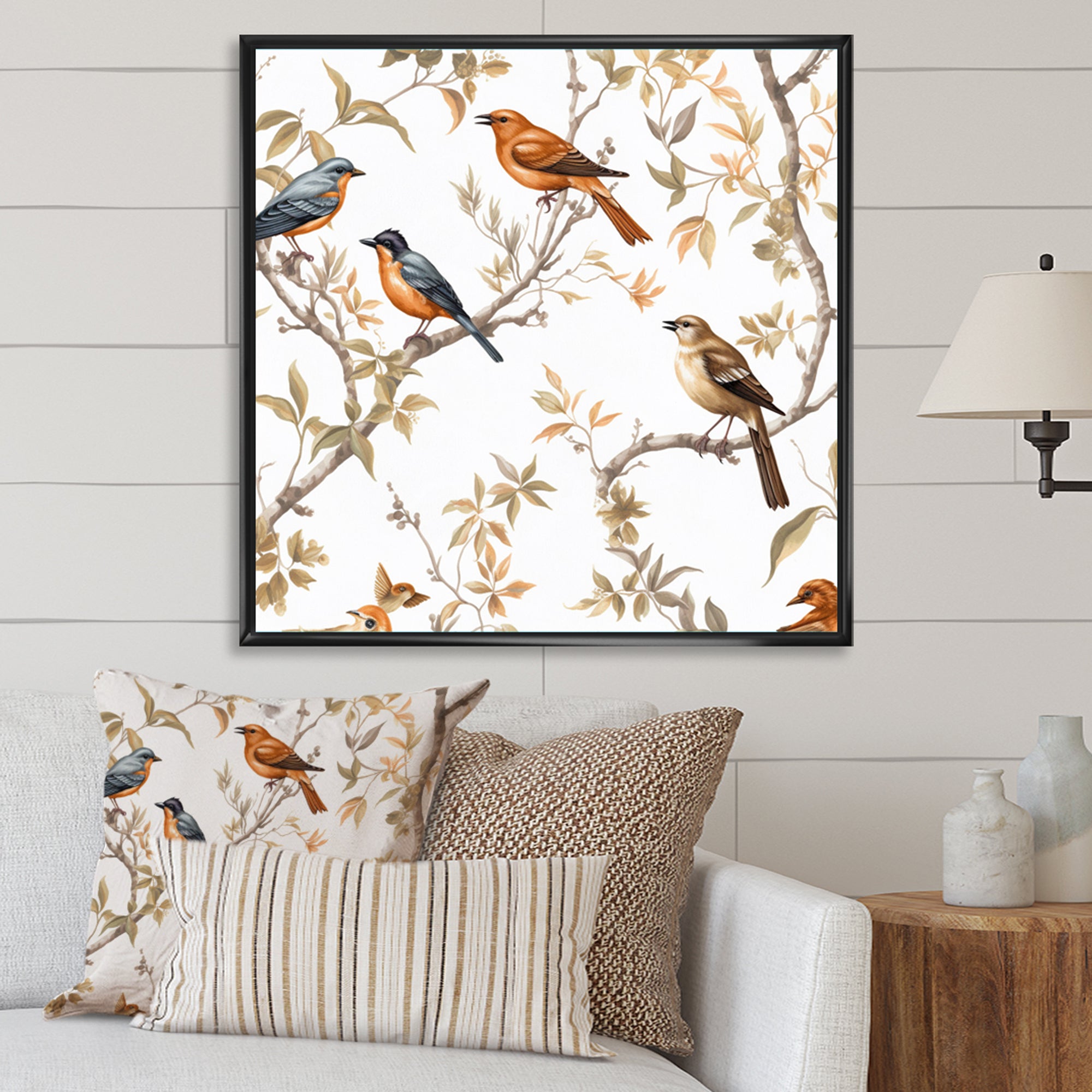 Orange Green Birds On Trees - Bird Framed Canvas Art