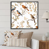 Orange Green Birds On Trees - Bird Framed Canvas Art