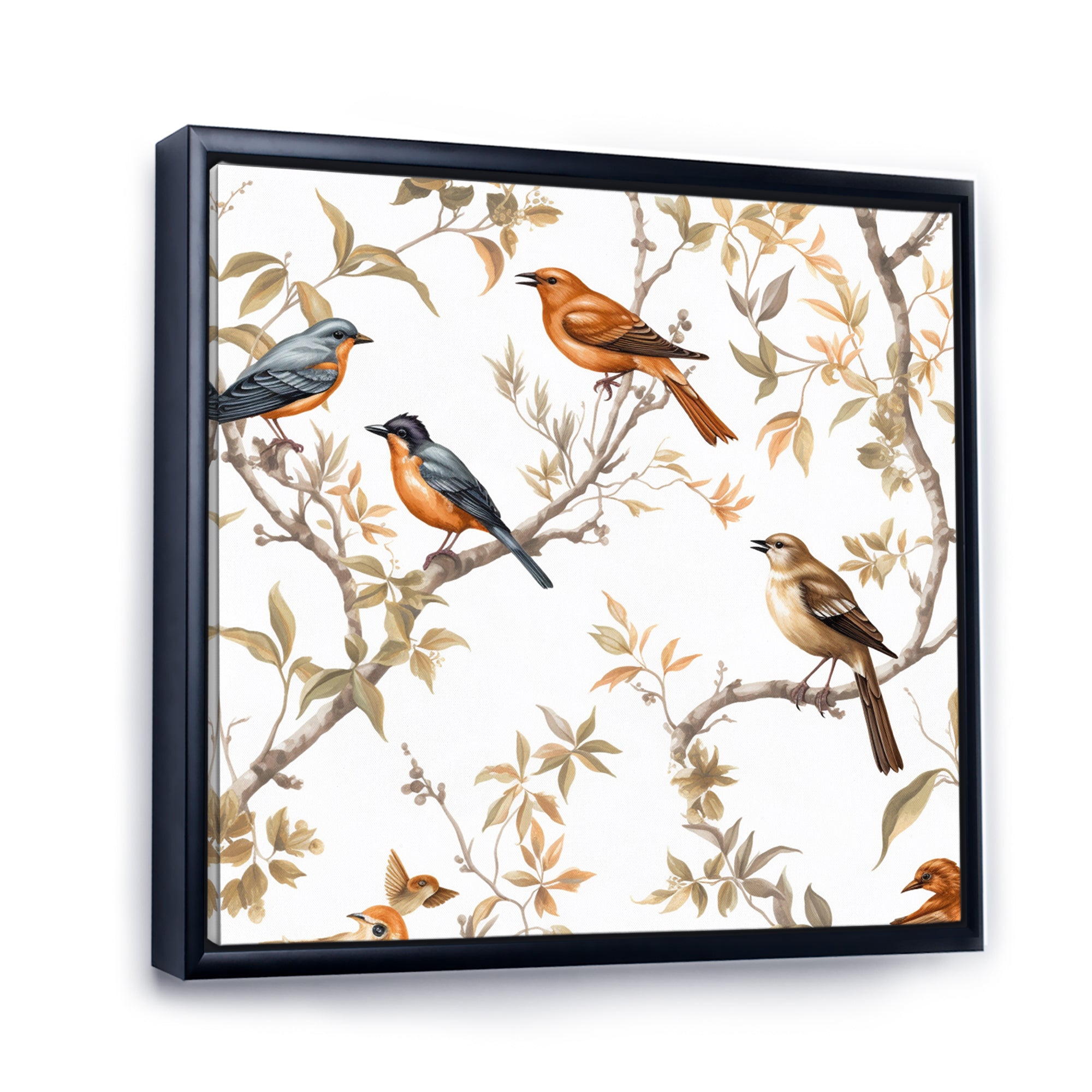Orange Green Birds On Trees - Bird Framed Canvas Art