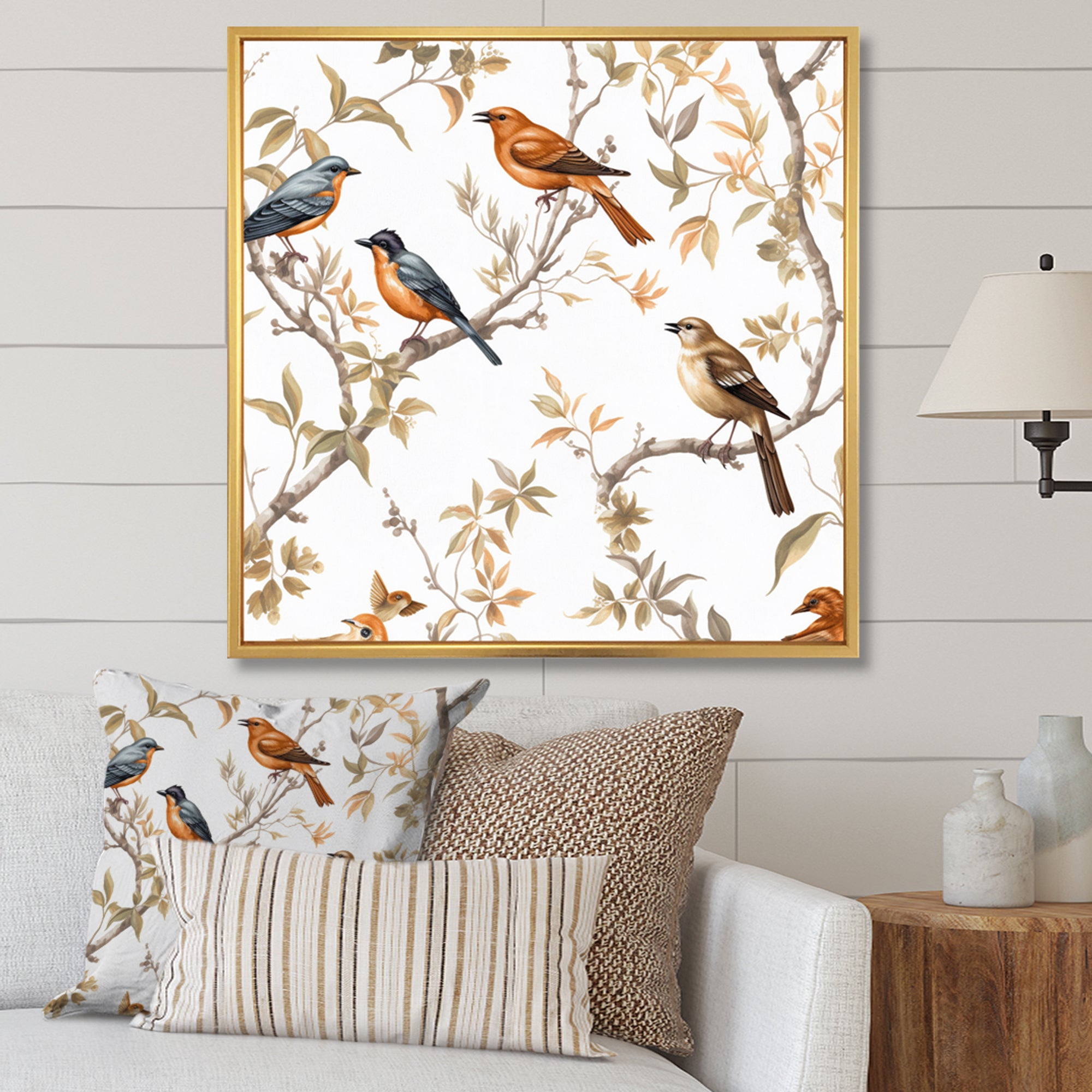 Orange Green Birds On Trees - Bird Framed Canvas Art