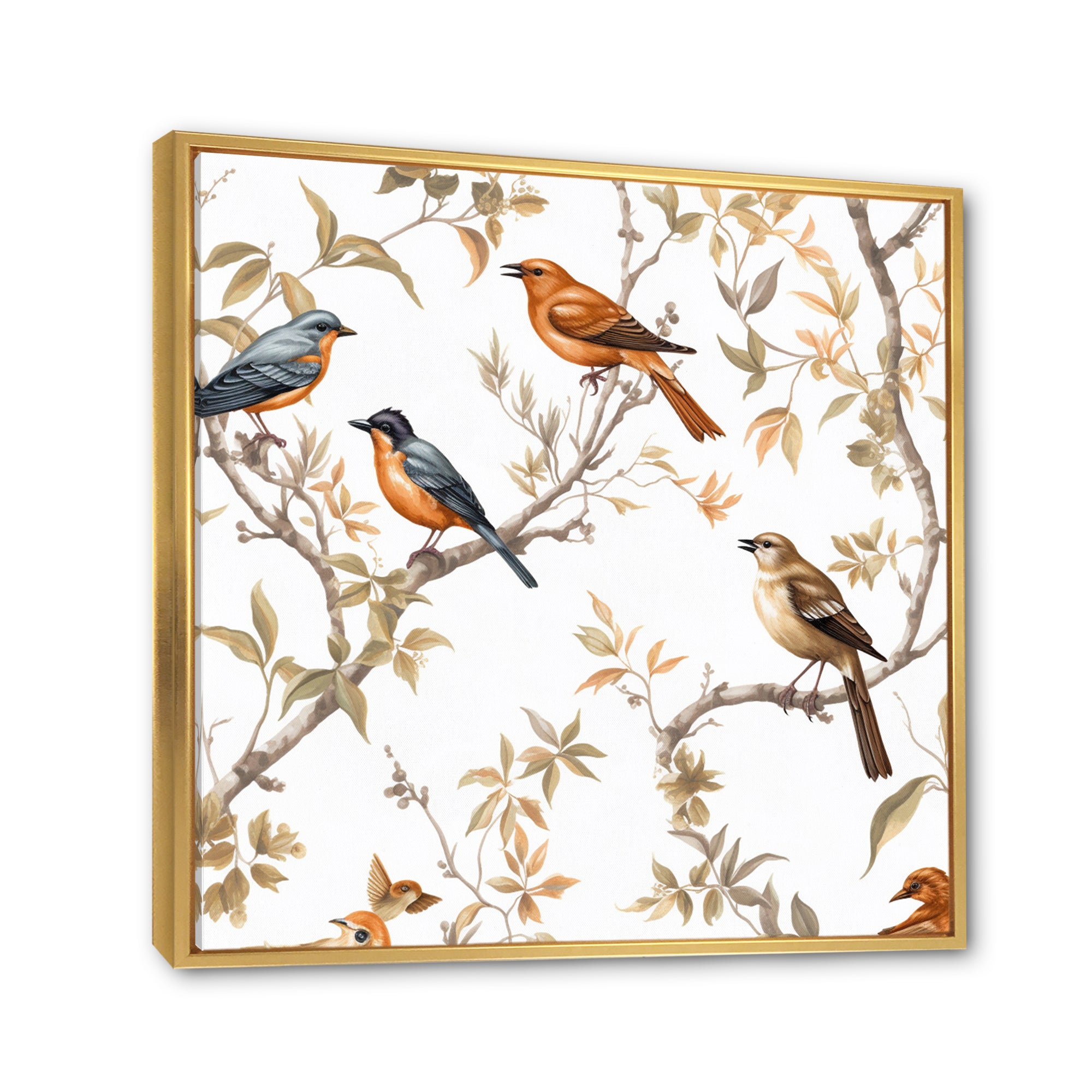 Orange Green Birds On Trees - Bird Framed Canvas Art