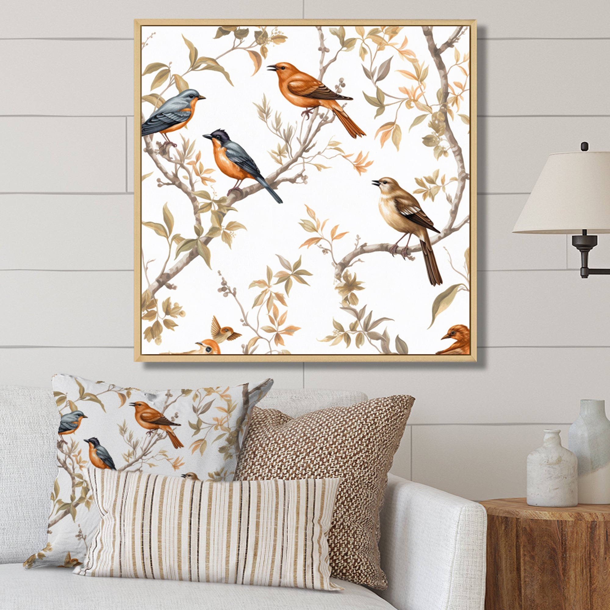 Orange Green Birds On Trees - Bird Framed Canvas Art