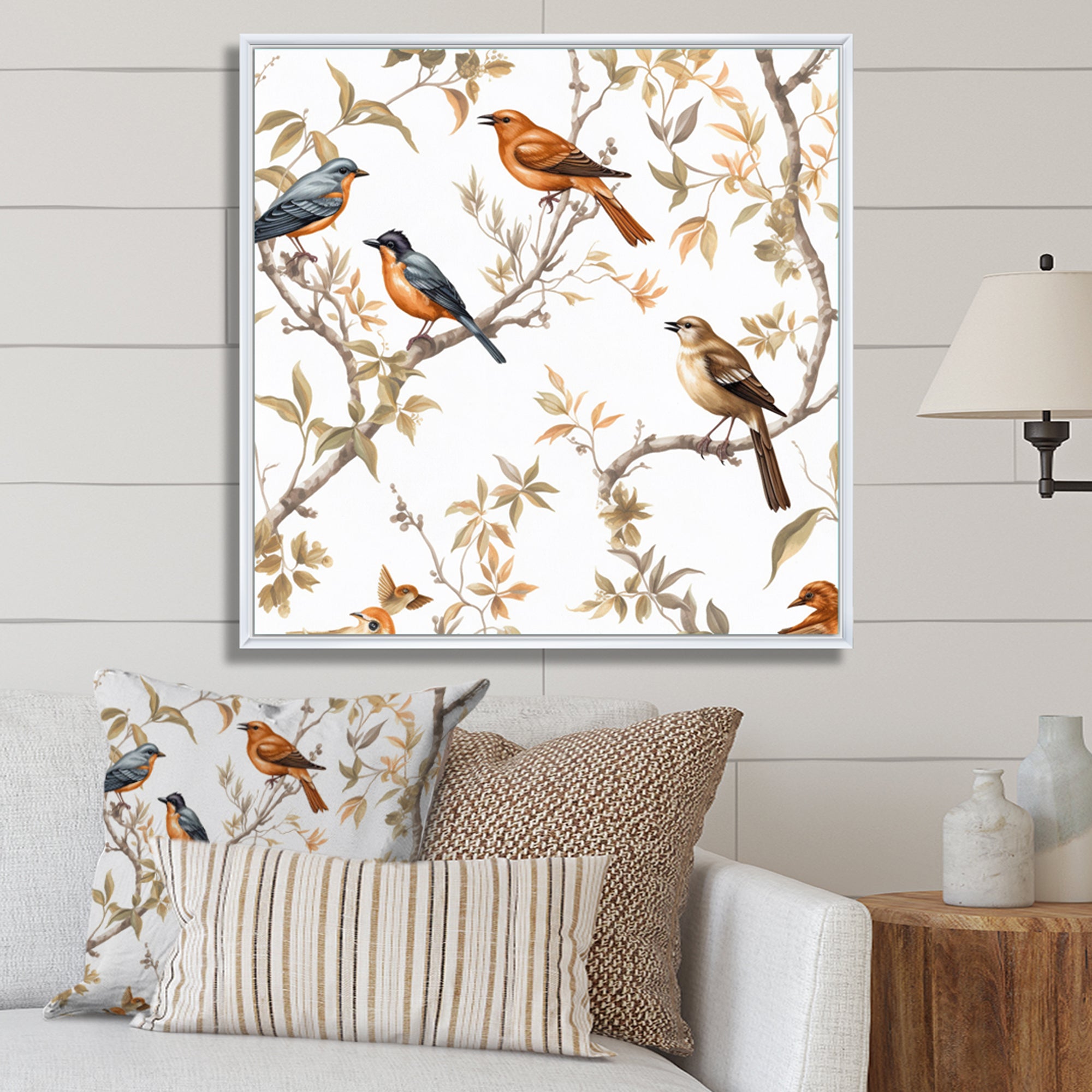 Orange Green Birds On Trees - Bird Framed Canvas Art
