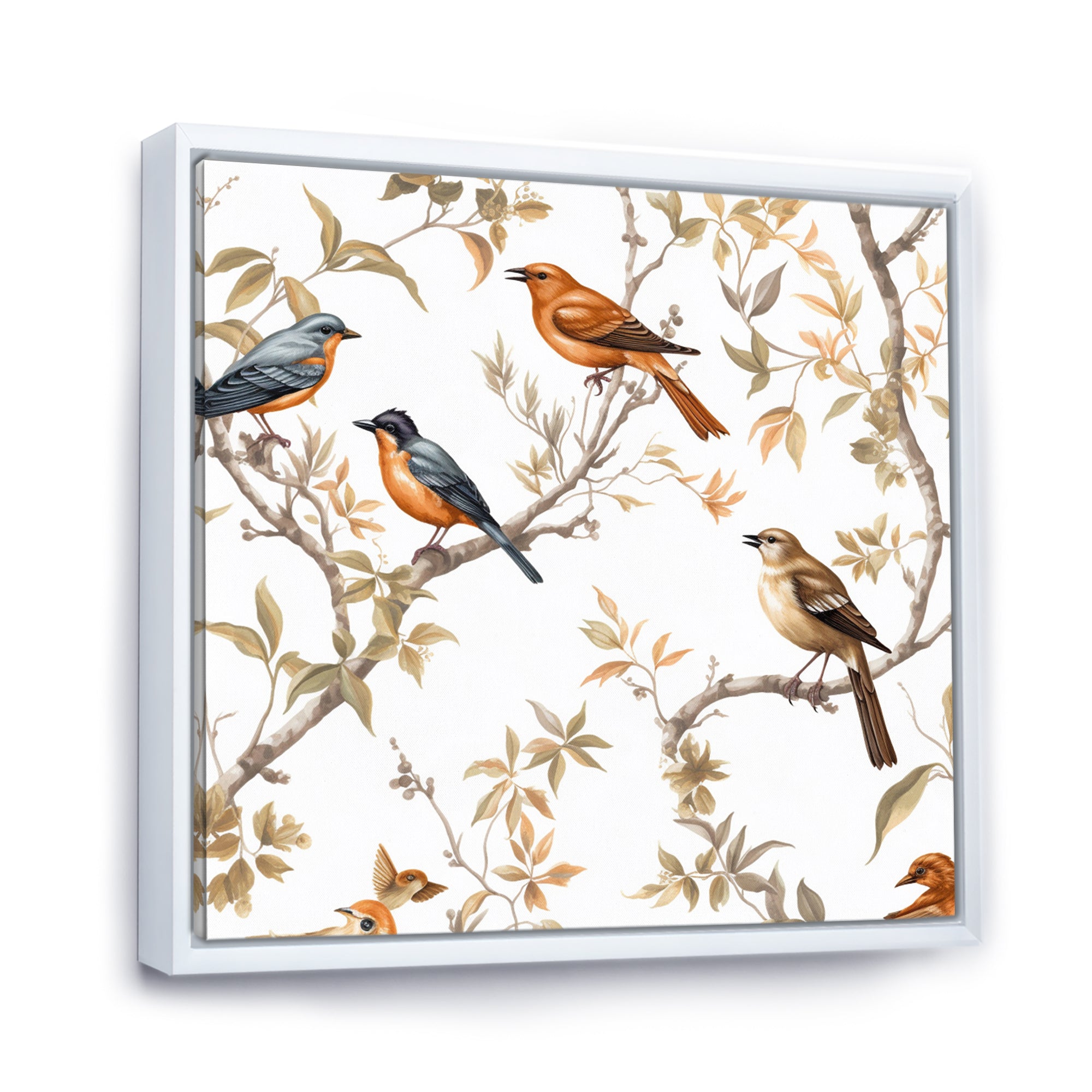 Orange Green Birds On Trees - Bird Framed Canvas Art