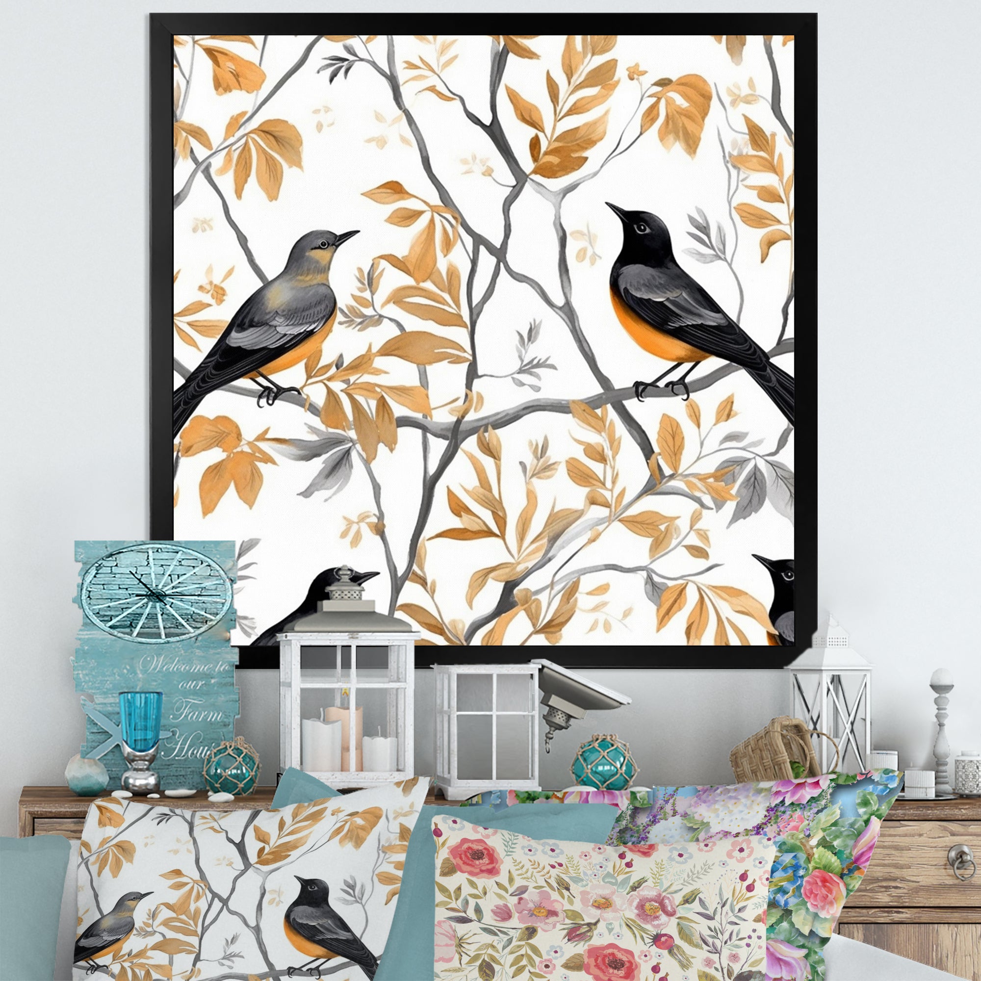 Brown Black Birds On Trees - Bird Large Canvas Wall Art