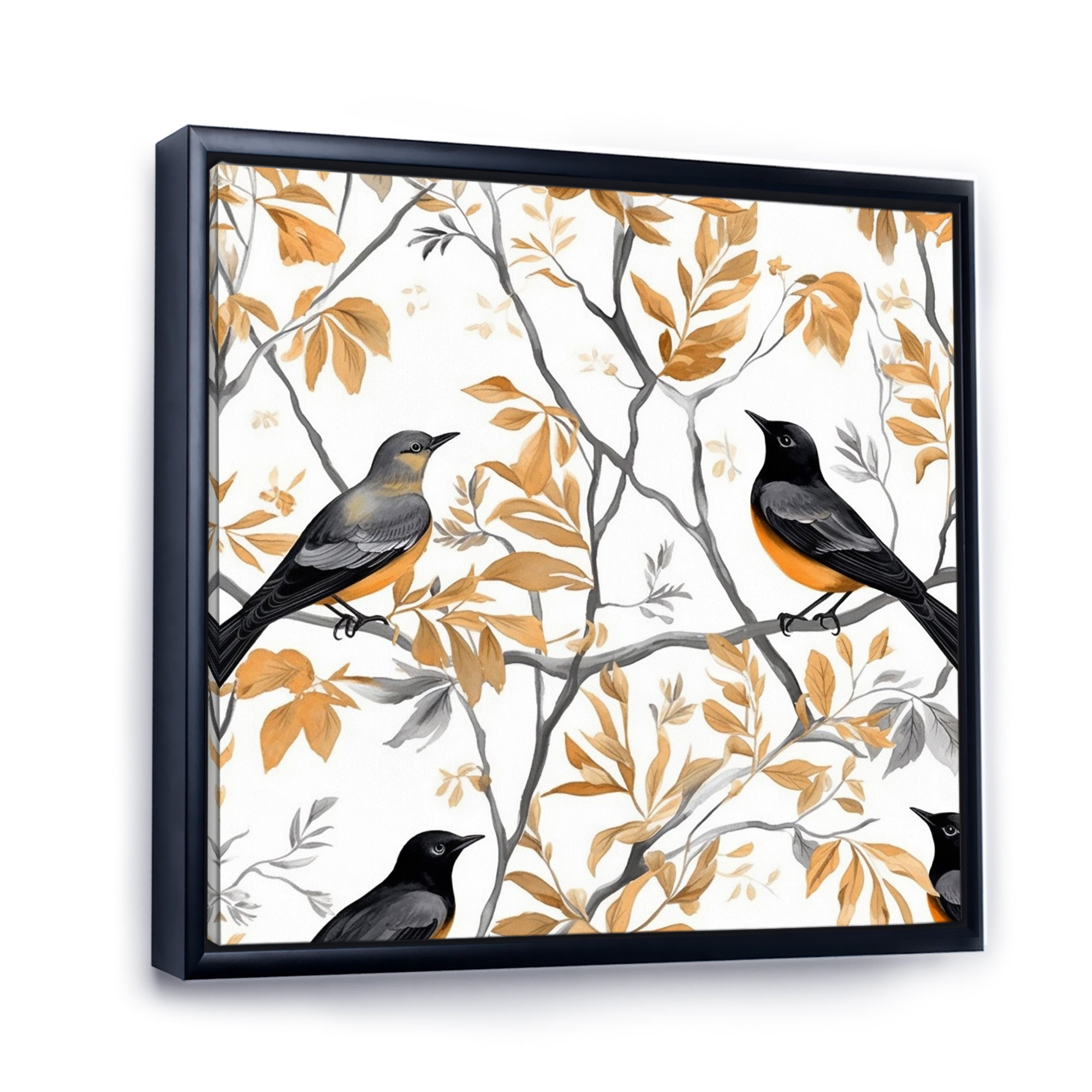 Brown Black Birds On Trees - Bird Large Canvas Wall Art