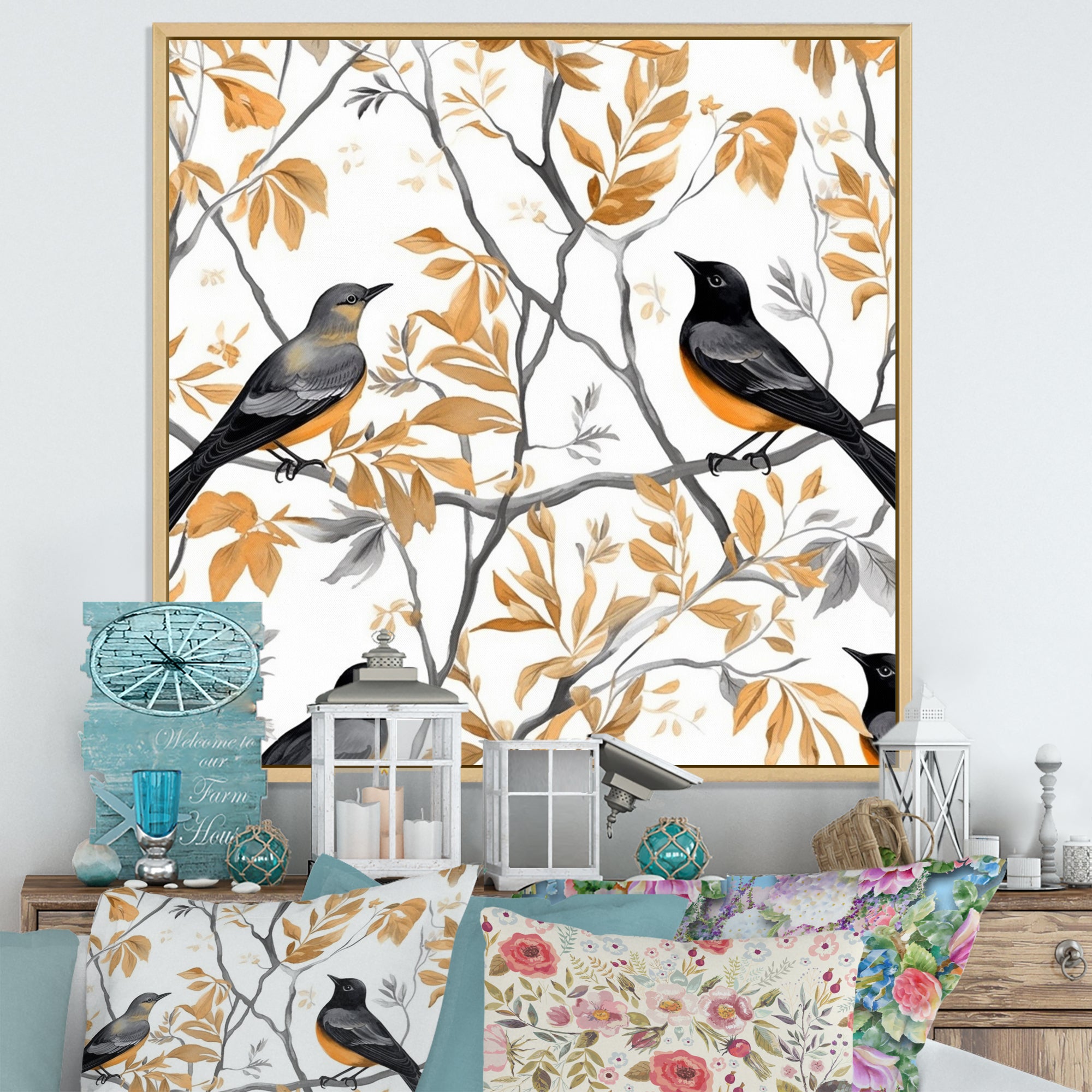 Brown Black Birds On Trees - Bird Large Canvas Wall Art