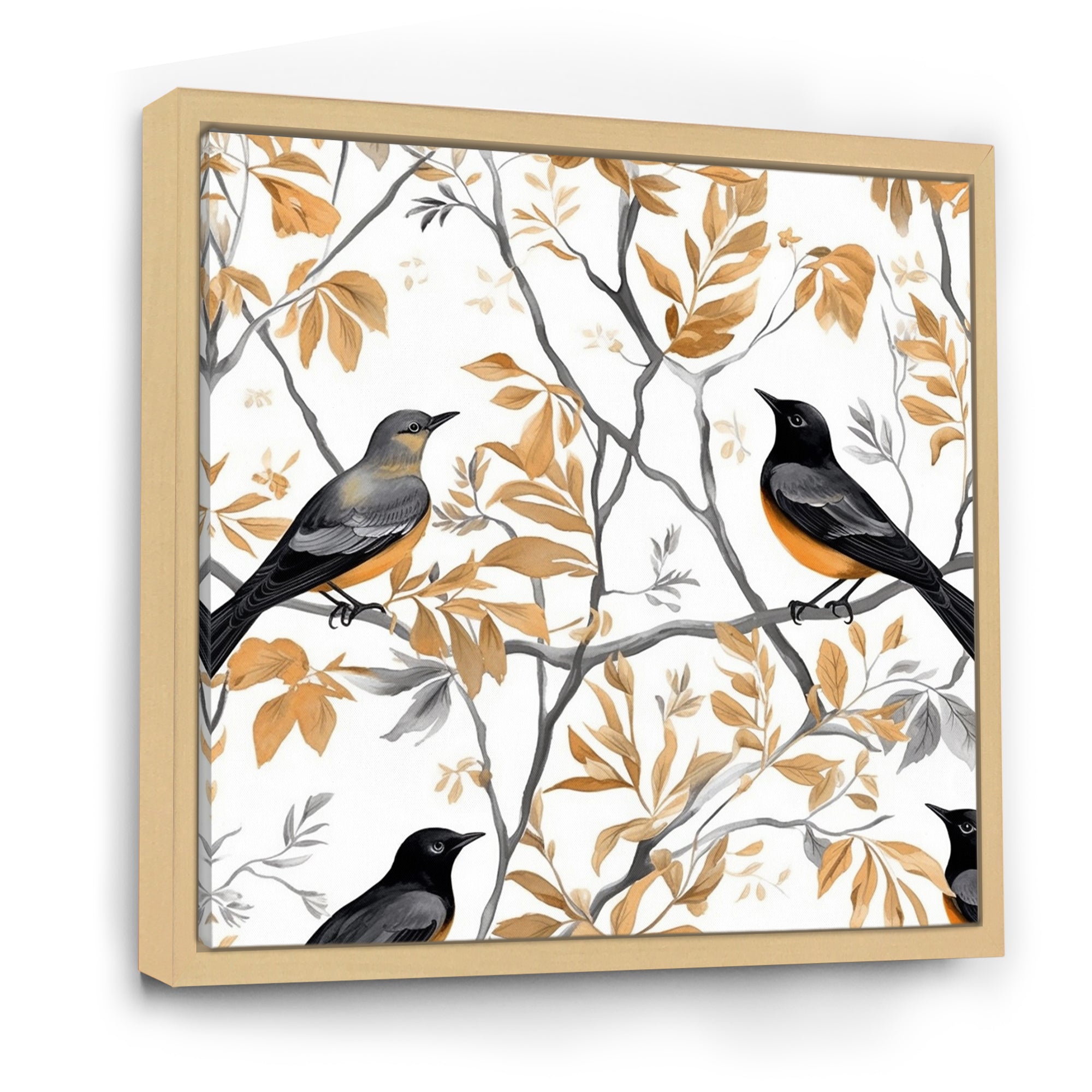 Brown Black Birds On Trees - Bird Large Canvas Wall Art