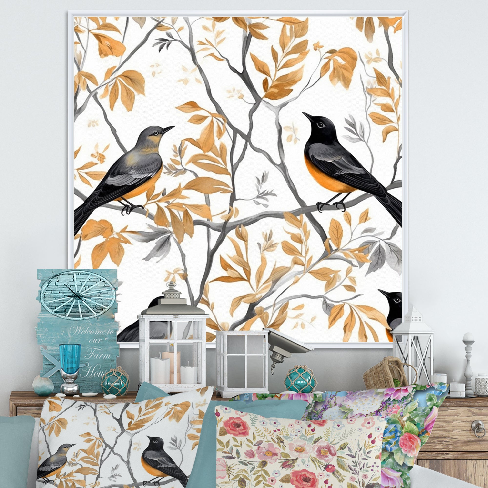 Brown Black Birds On Trees - Bird Large Canvas Wall Art