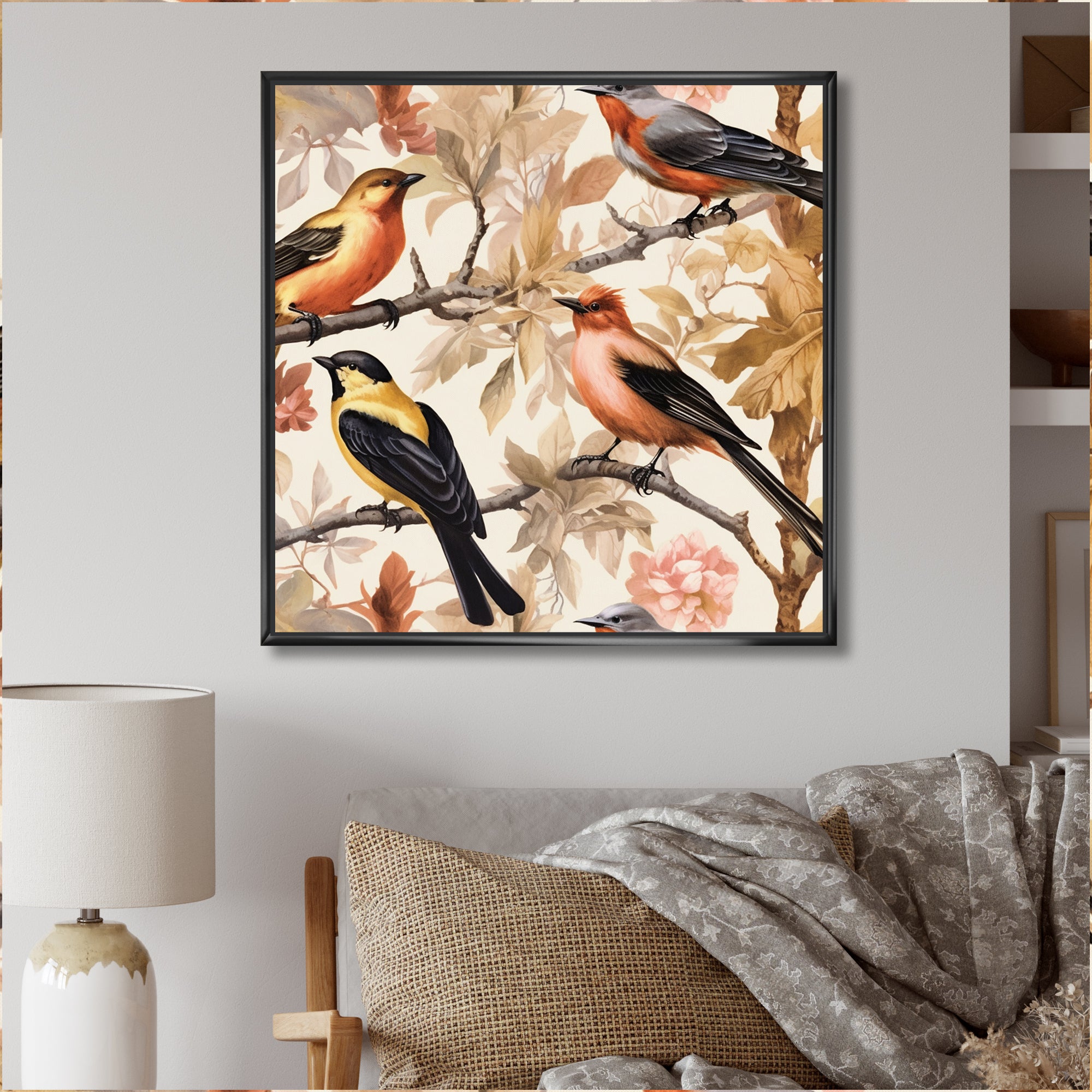 Yellow Black Birds On Trees - Bird Living Room Wall Art