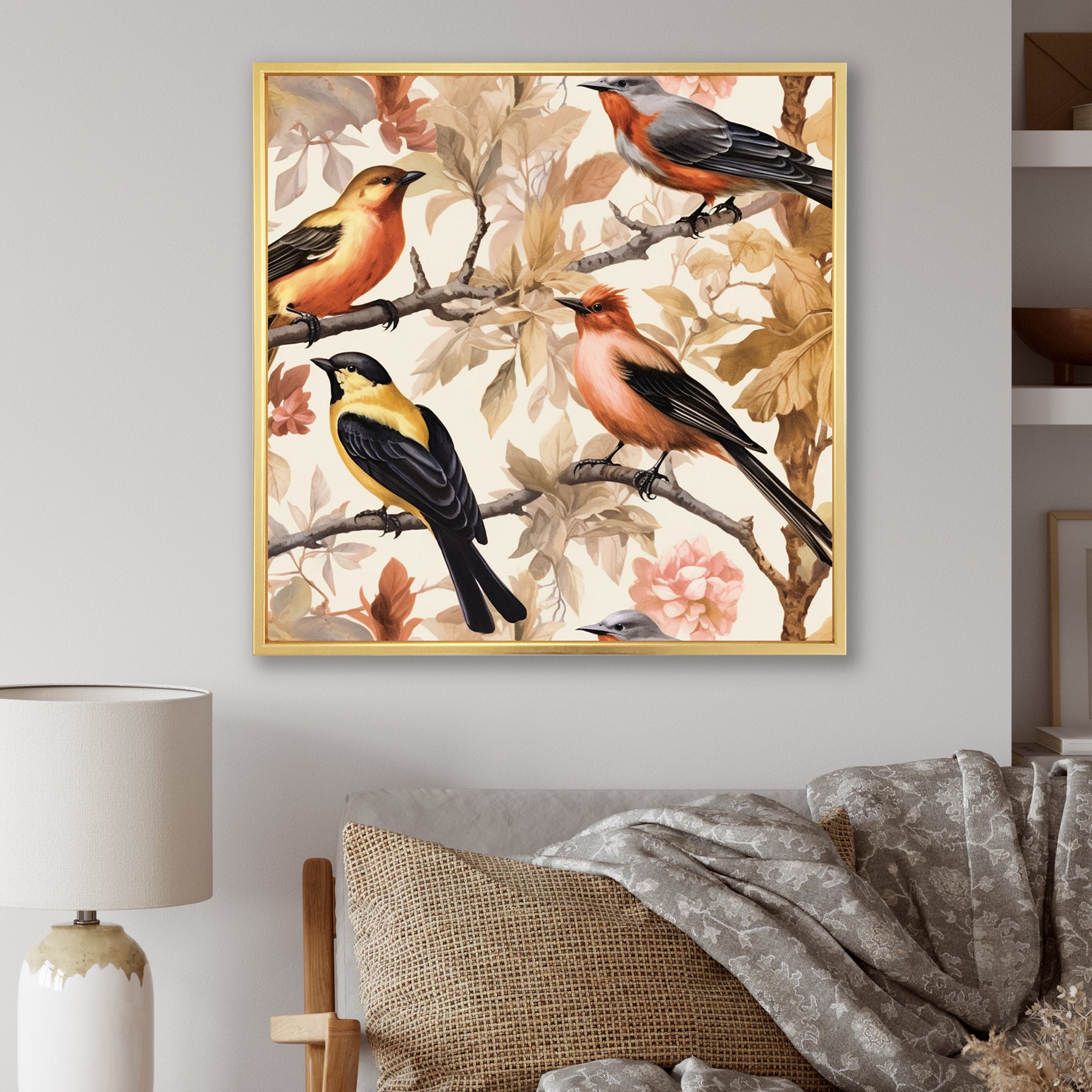 Yellow Black Birds On Trees - Bird Living Room Wall Art