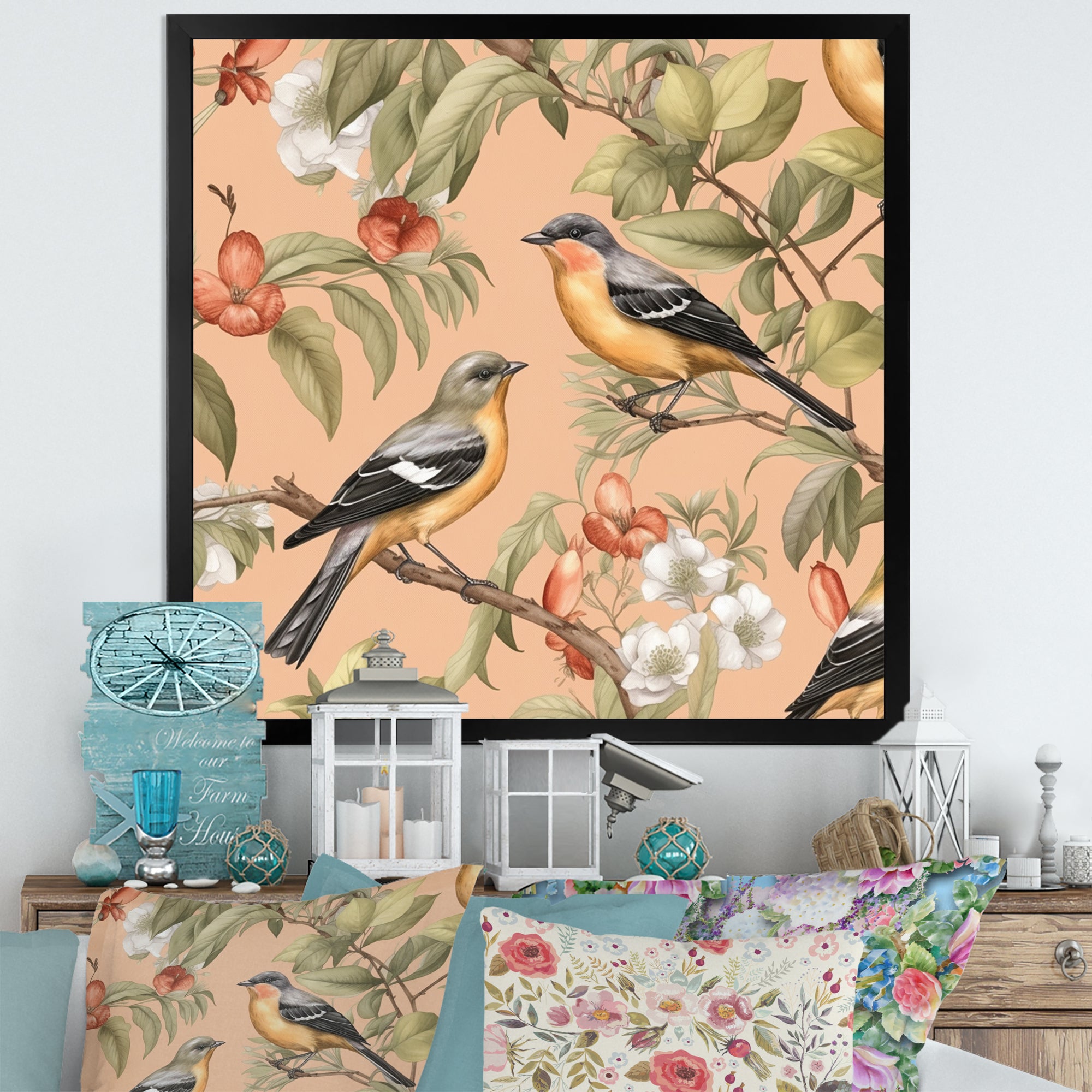 Green Yellow Birds On Trees - Bird Bedroom Wall Art