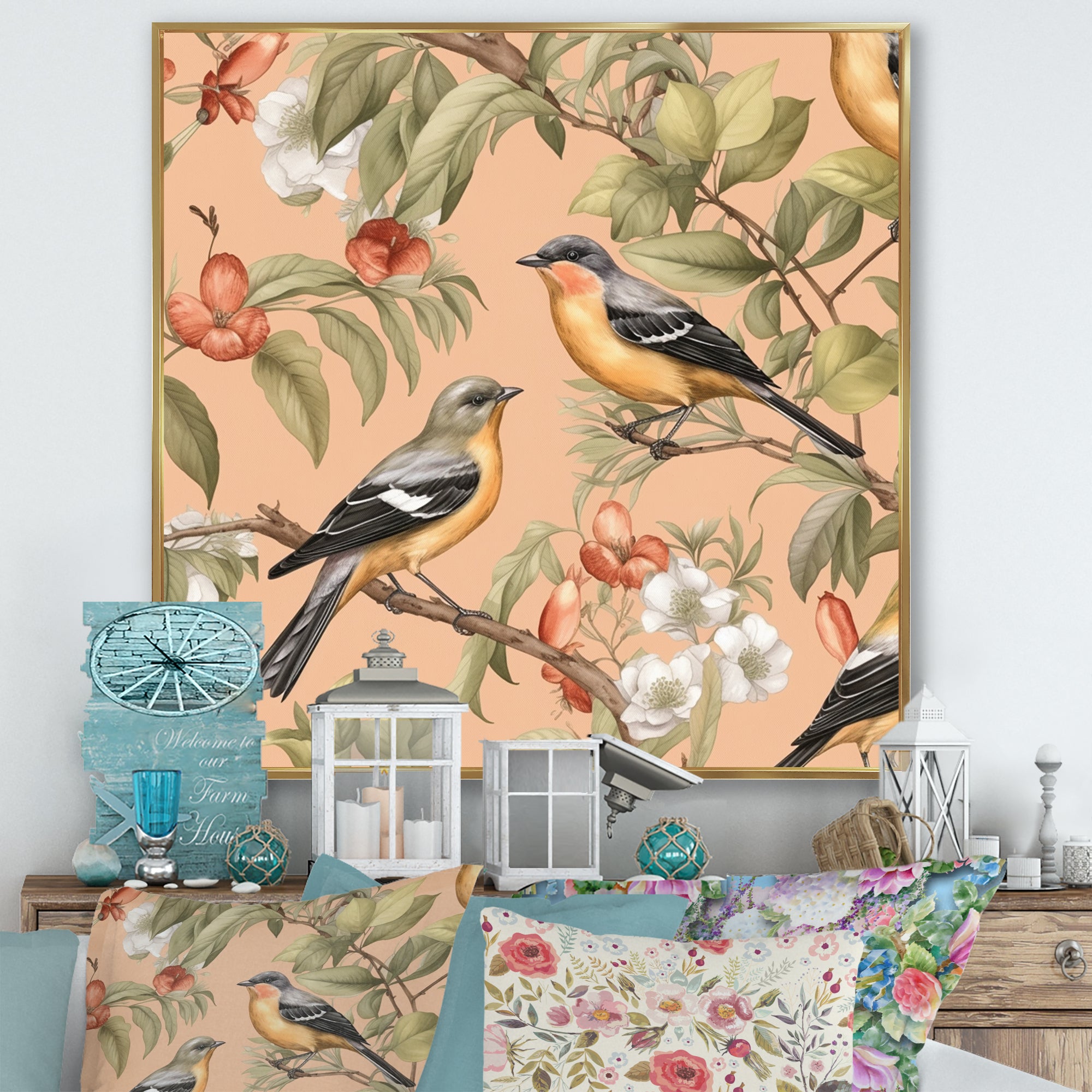 Green Yellow Birds On Trees - Bird Bedroom Wall Art