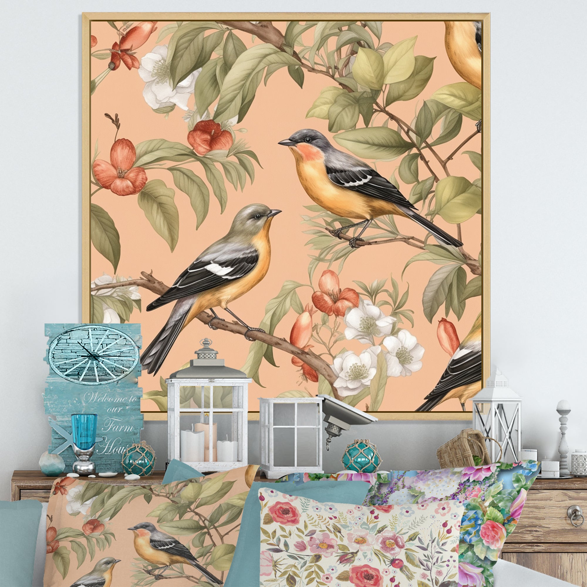 Green Yellow Birds On Trees - Bird Bedroom Wall Art
