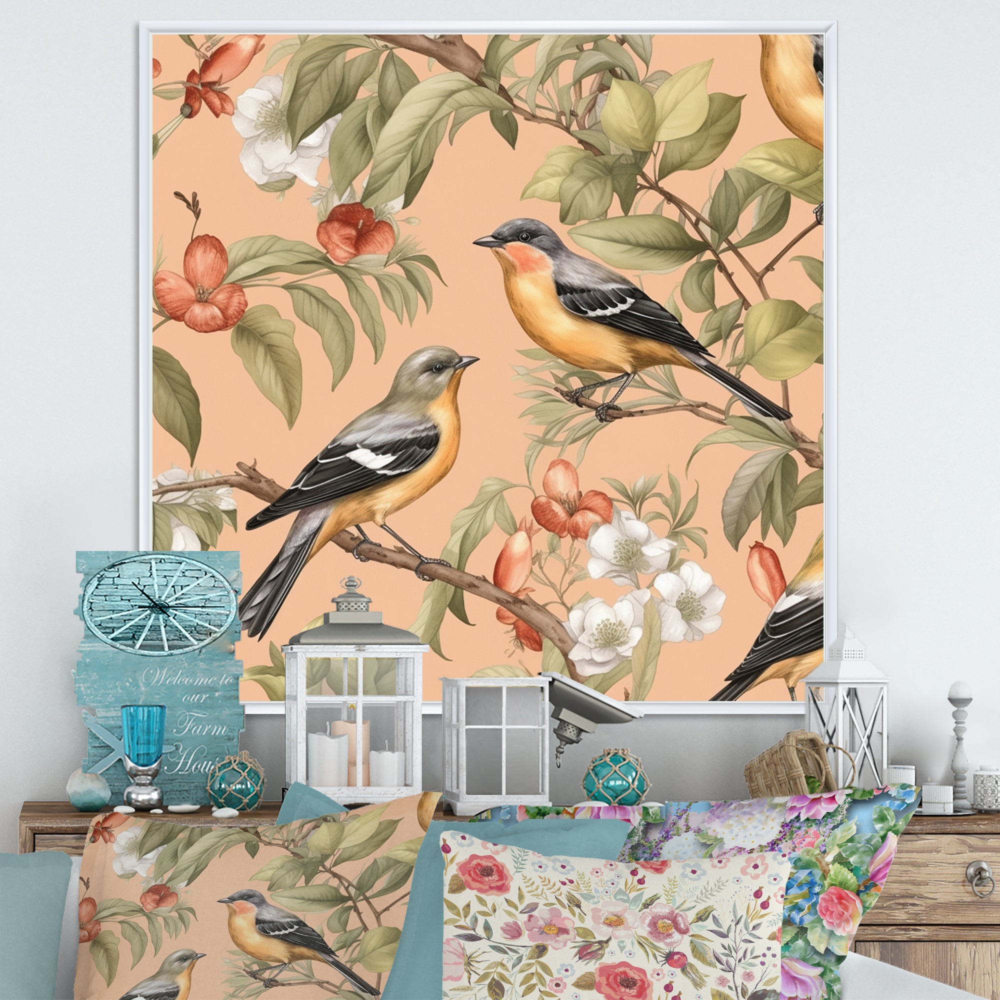 Green Yellow Birds On Trees - Bird Bedroom Wall Art