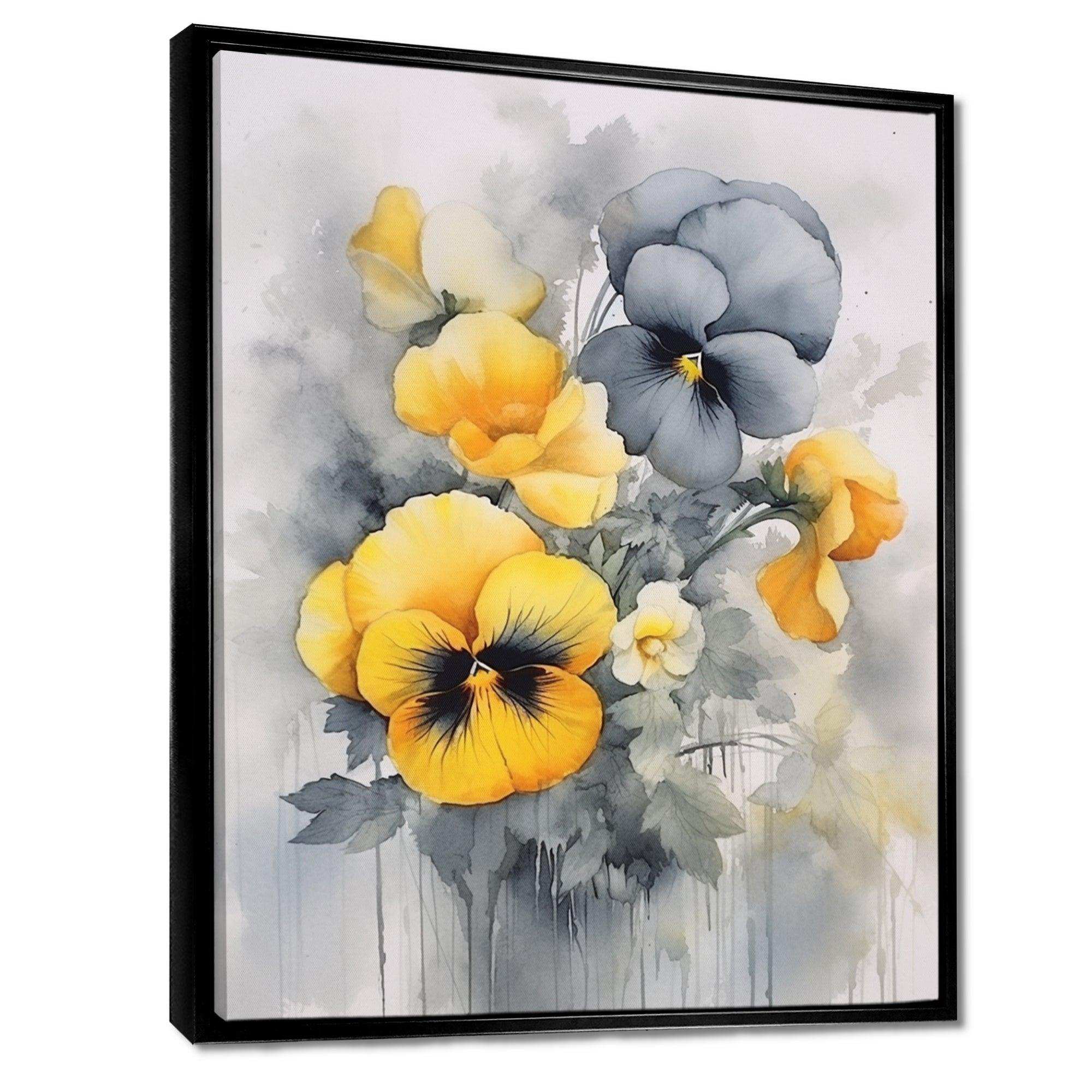 Yellow and Grey Minimalism Pansies - Floral Canvas Wall Art