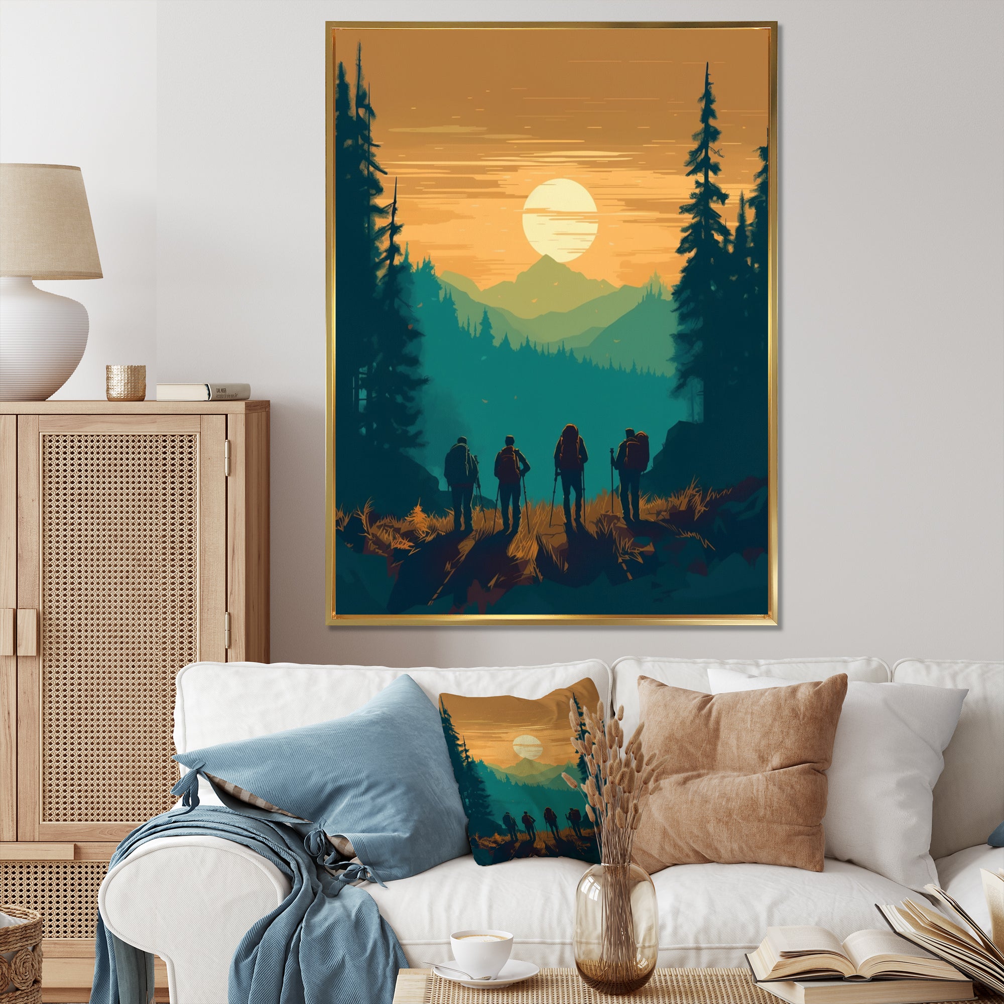 Yellow Teal Bold Hiking Sunset I - Hiking Canvas Wall Art