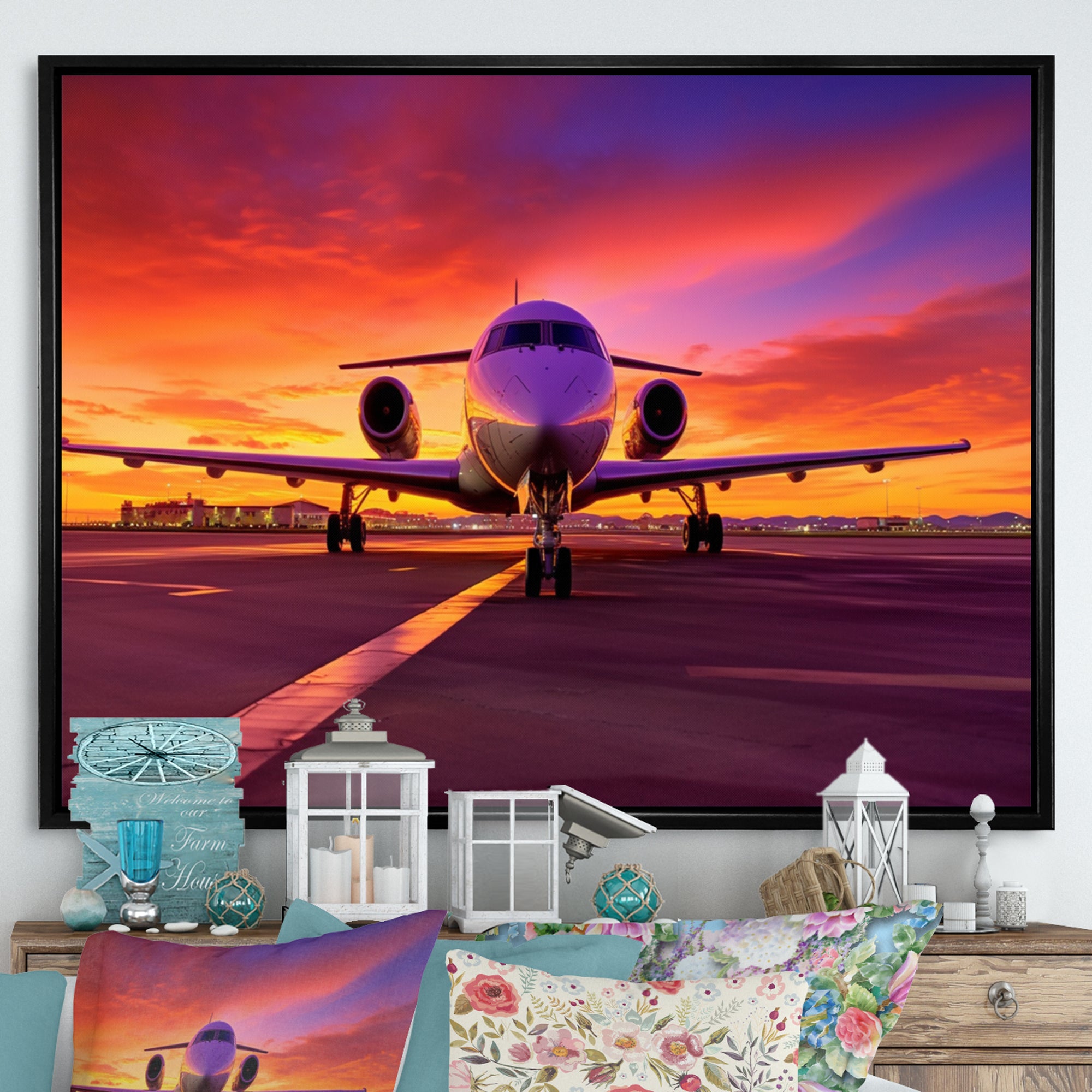 Airplane At Sunset I - Plane Canvas Wall Art
