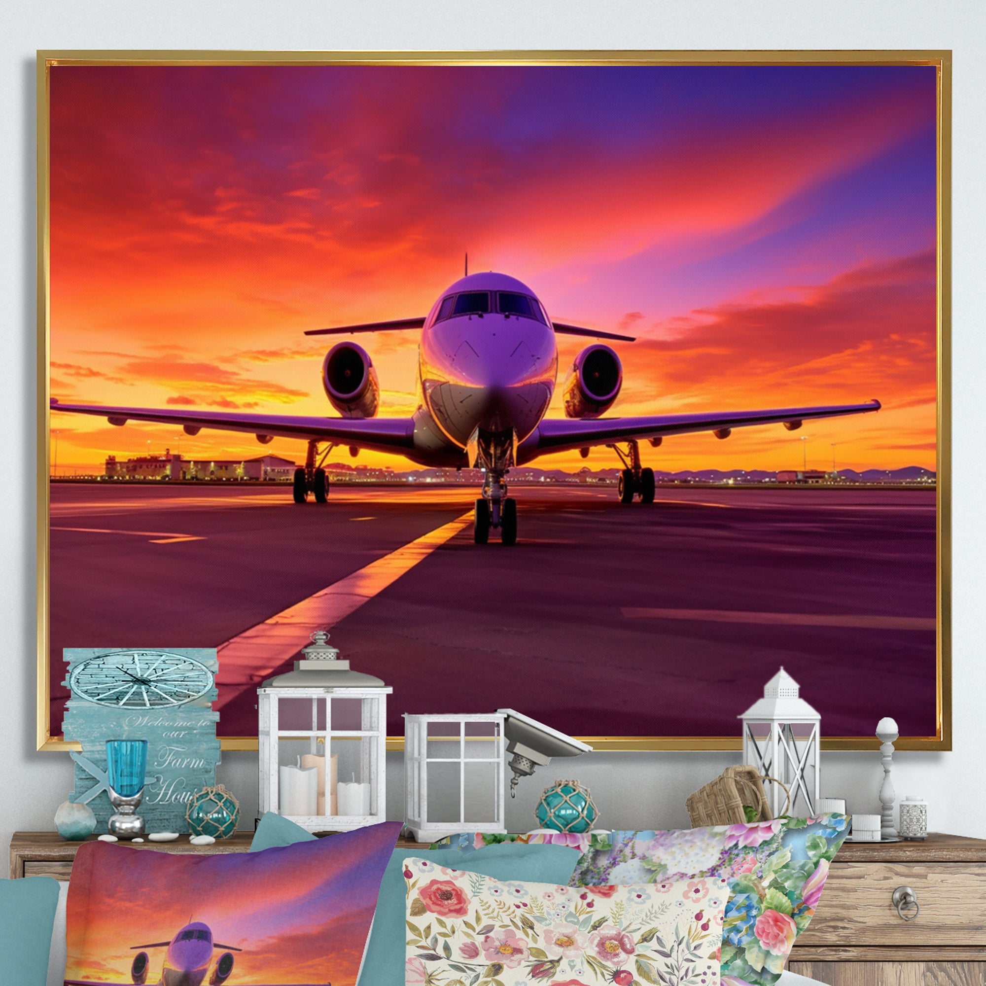 Airplane At Sunset I - Plane Canvas Wall Art