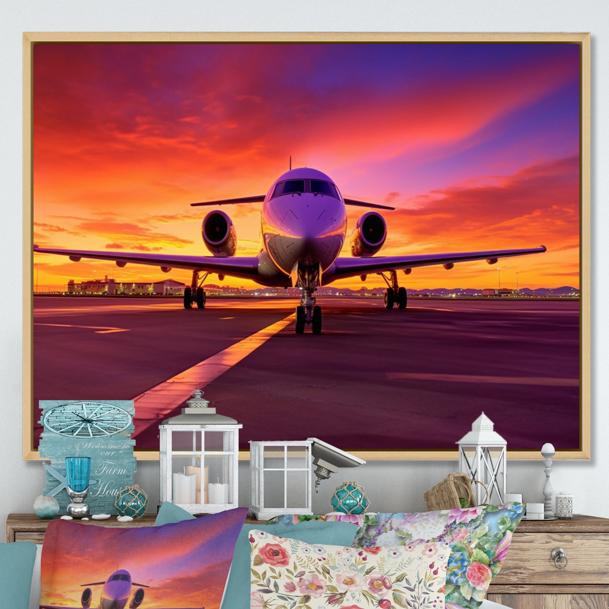 Airplane At Sunset I - Plane Canvas Wall Art