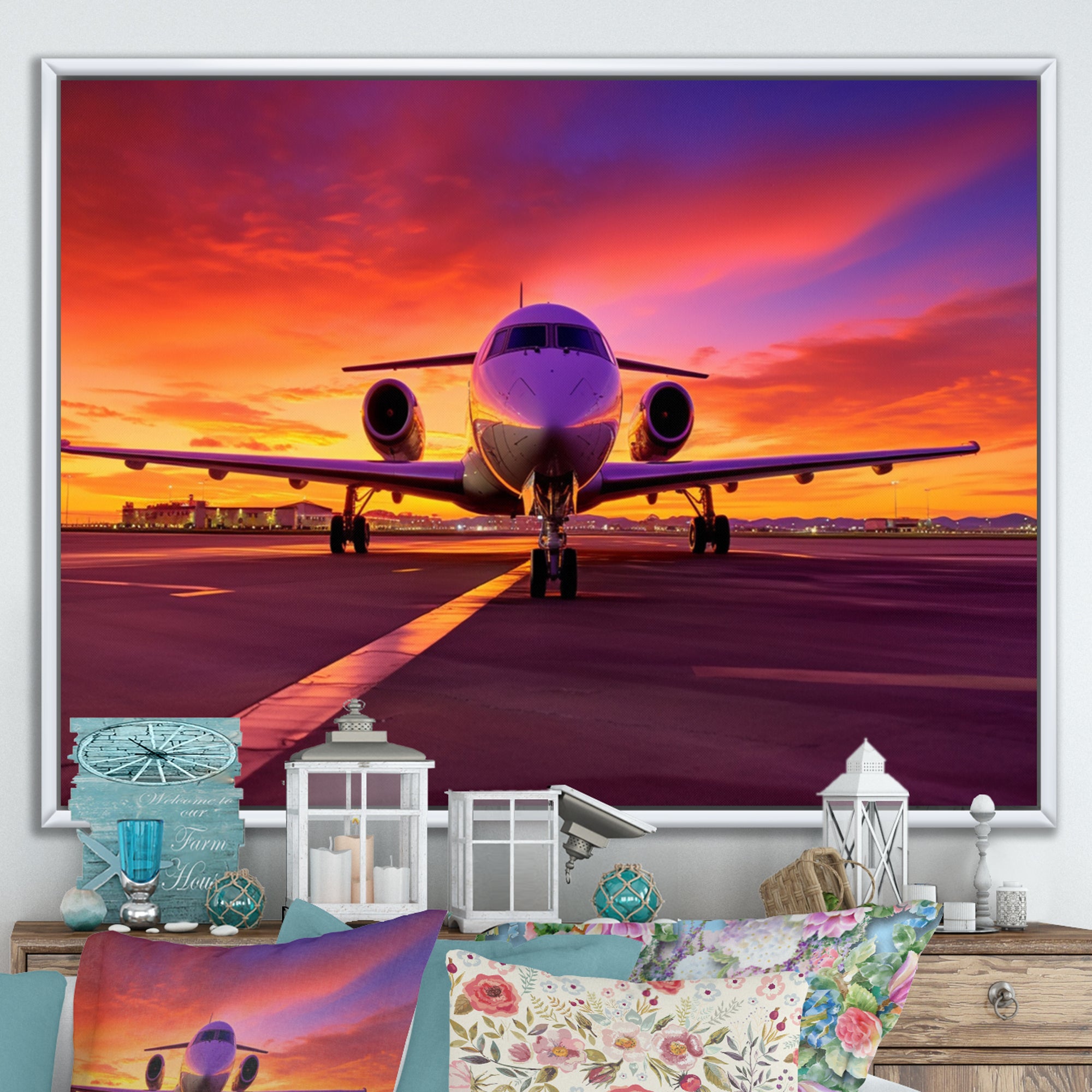 Airplane At Sunset I - Plane Canvas Wall Art