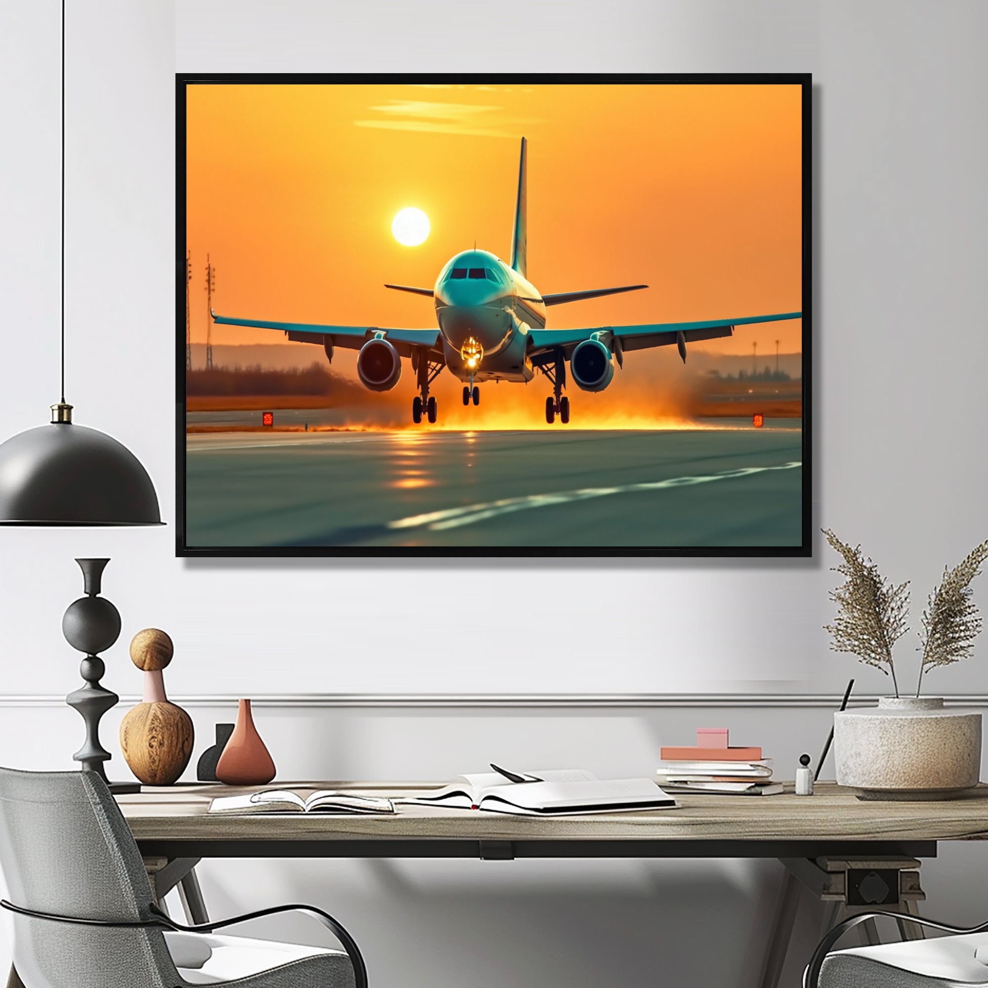 Sunset Airplane On The Tarmac I - Plane Canvas Wall Art