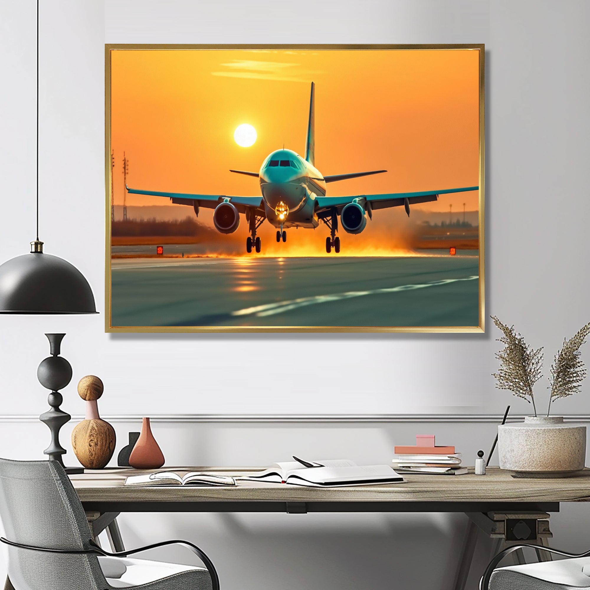 Sunset Airplane On The Tarmac I - Plane Canvas Wall Art