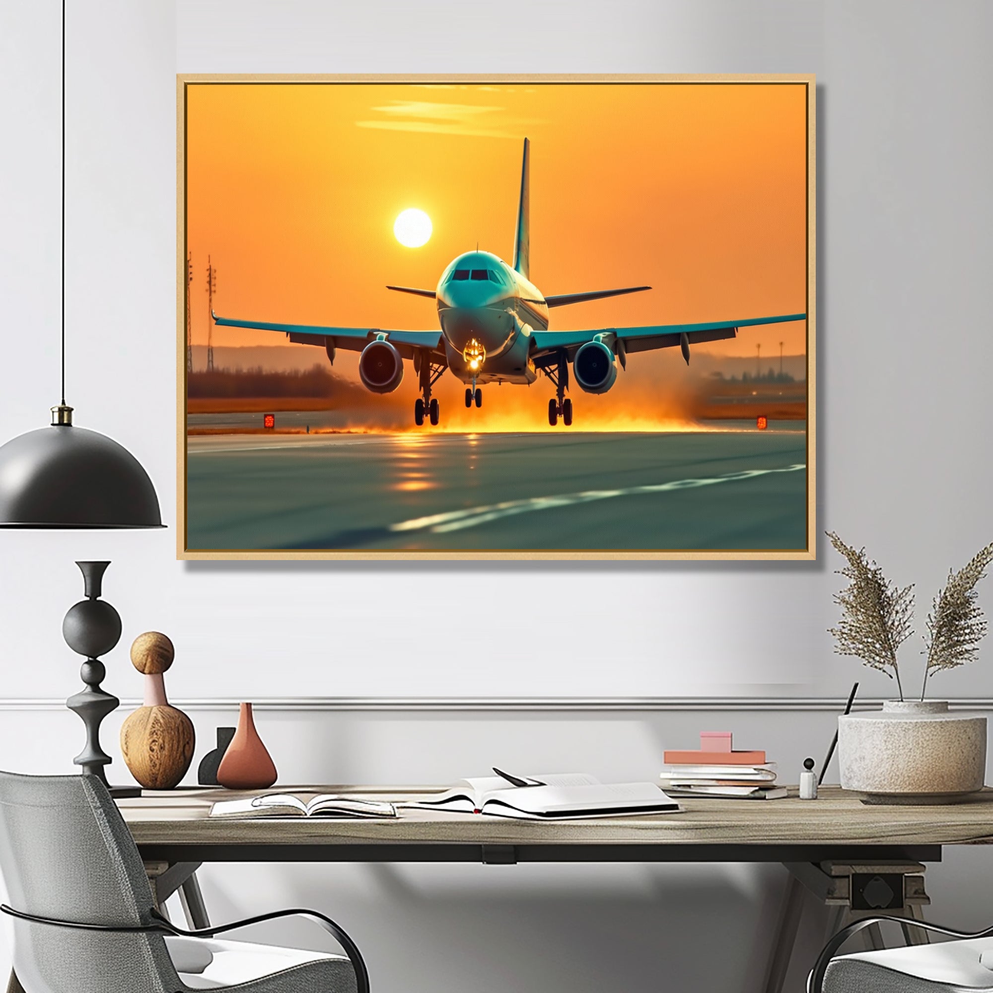 Sunset Airplane On The Tarmac I - Plane Canvas Wall Art