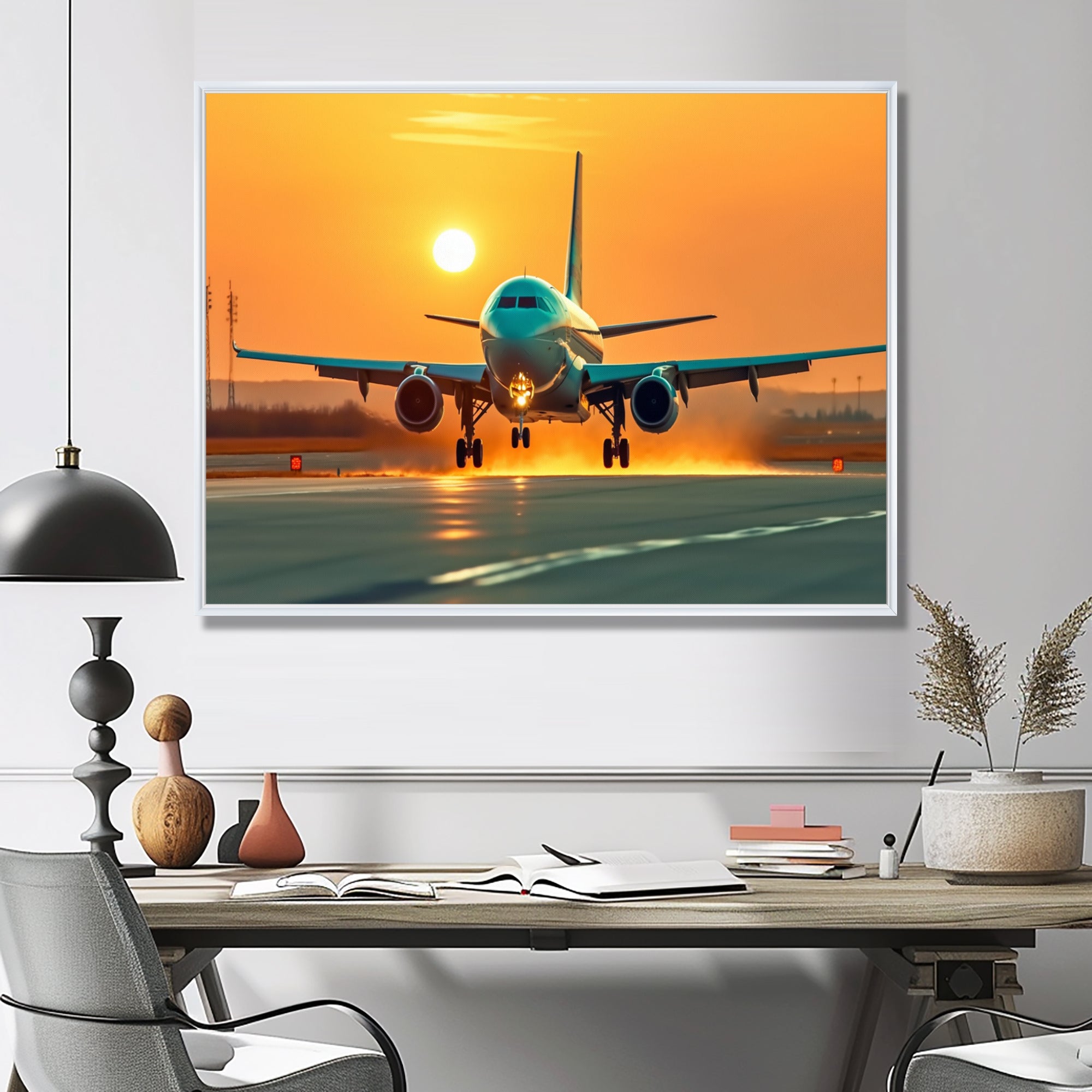 Sunset Airplane On The Tarmac I - Plane Canvas Wall Art