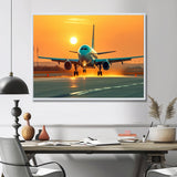 Sunset Airplane On The Tarmac I - Plane Canvas Wall Art